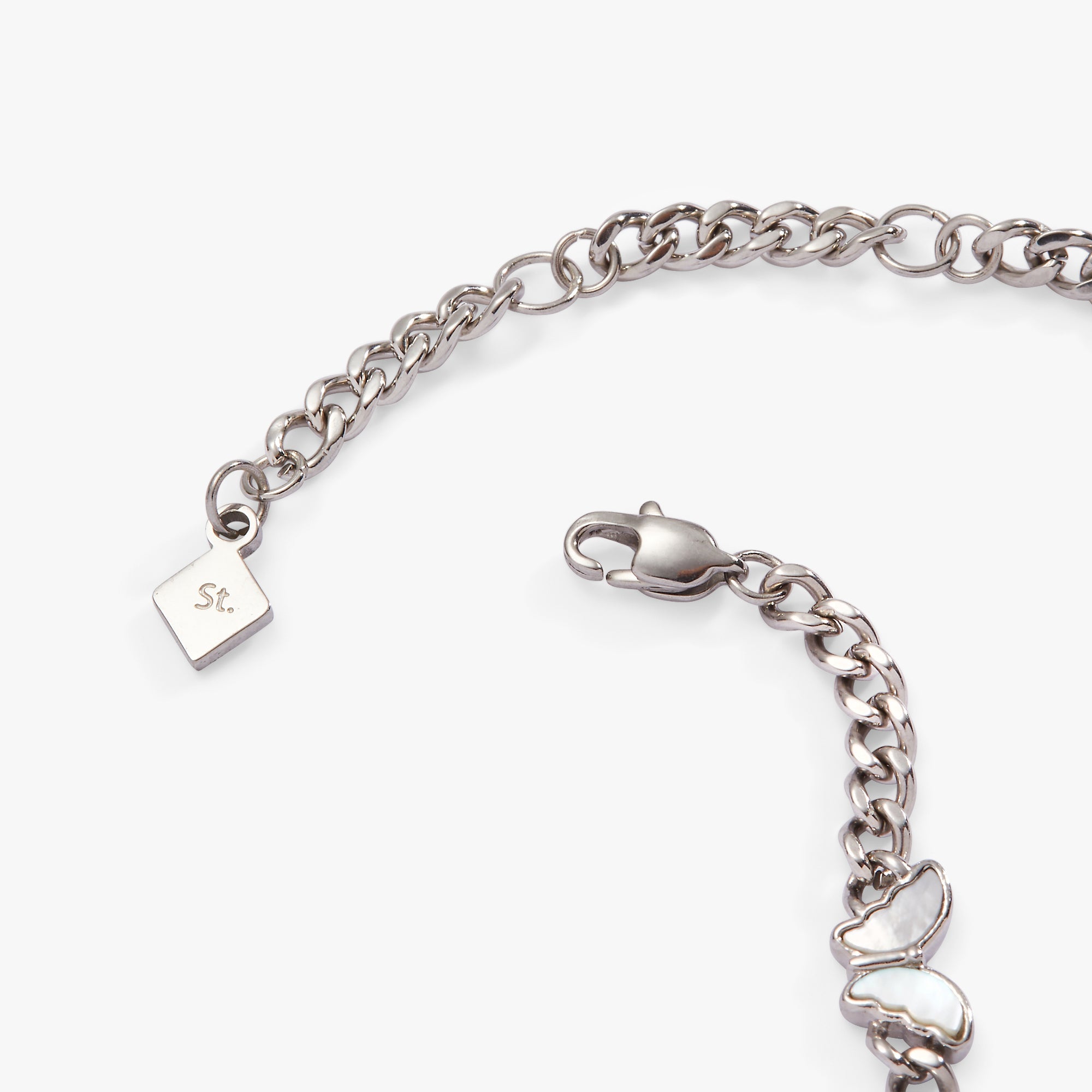 Silver ALEX AND ANI butterfly curb chain bracelet with stainless steel design, featuring a delicate butterfly charm.