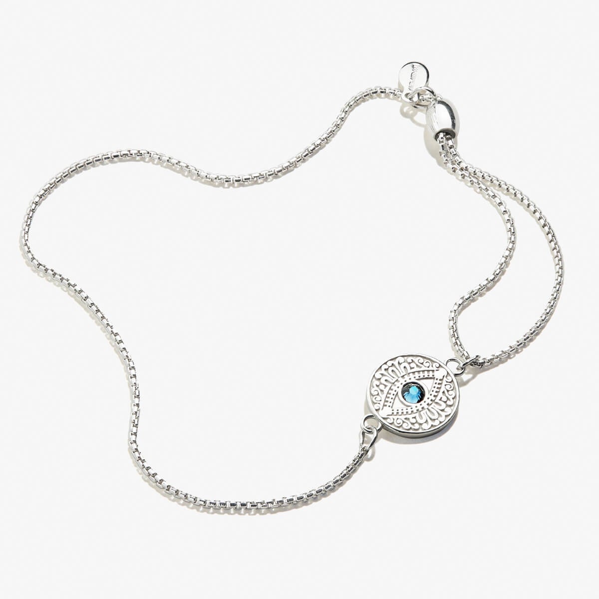 Sterling silver Evil Eye Crystal Pull Chain Bracelet by ALEX AND ANI featuring an eye charm and sparkling crystal accents.
