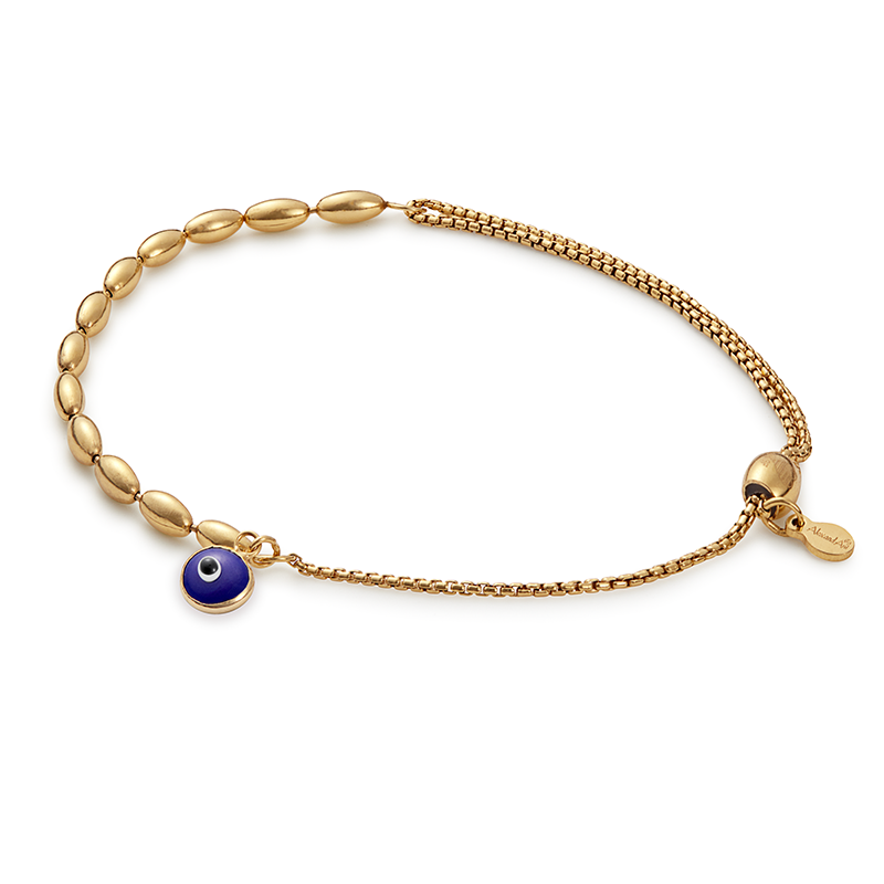 Sterling silver Evil Eye pull chain bracelet by ALEX AND ANI featuring a detailed evil eye charm and adjustable chain.