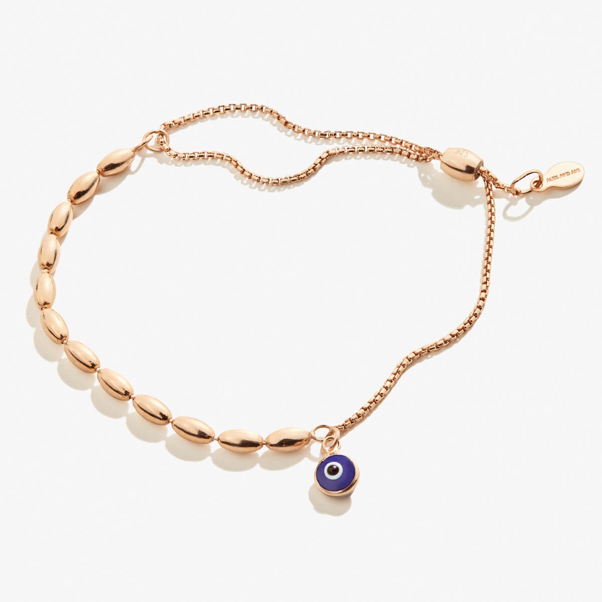 Sterling silver Evil Eye pull chain bracelet by ALEX AND ANI featuring a detailed evil eye charm on a sleek chain.
