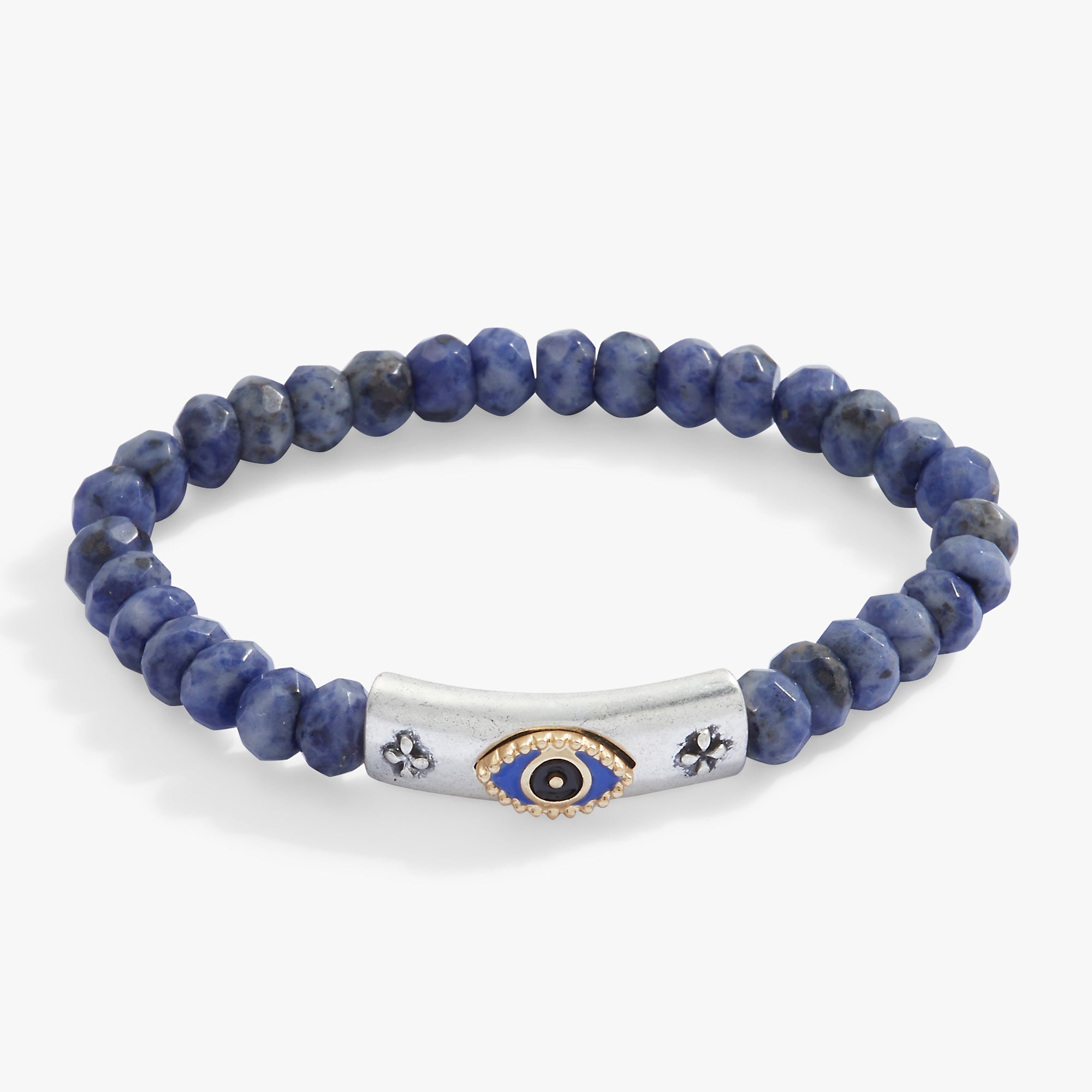 Two-tone antique evil eye stretch bracelet from ALEX AND ANI featuring intricate evil eye charm and adjustable design.