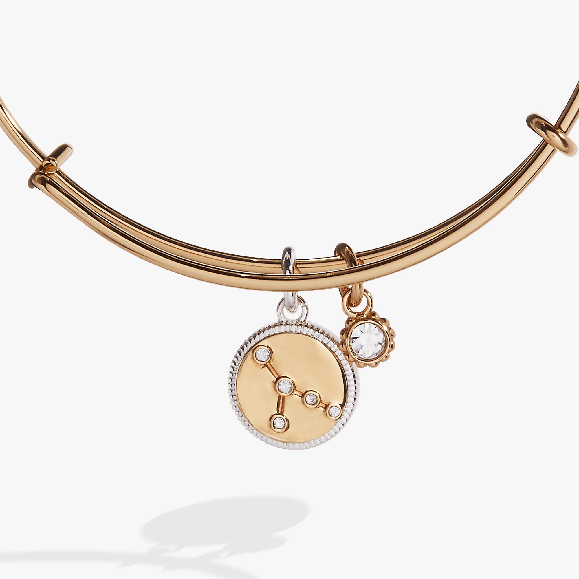 Two-tone Cancer Zodiac charm bangle bracelet by ALEX AND ANI featuring a detailed Cancer symbol and elegant design.