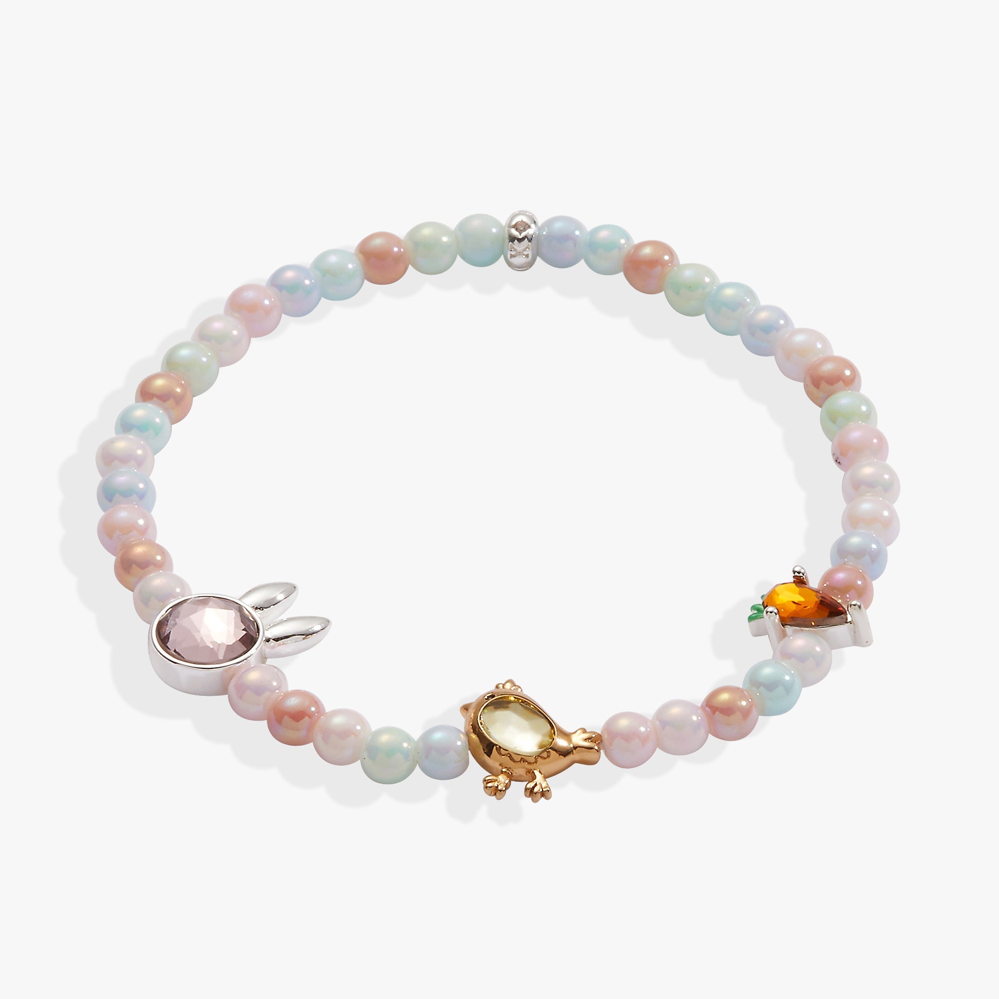 ALEX AND ANI Crystal Bunny Stretch Bracelet featuring two-tone crystals and a delicate bunny charm on a flexible bracelet.
