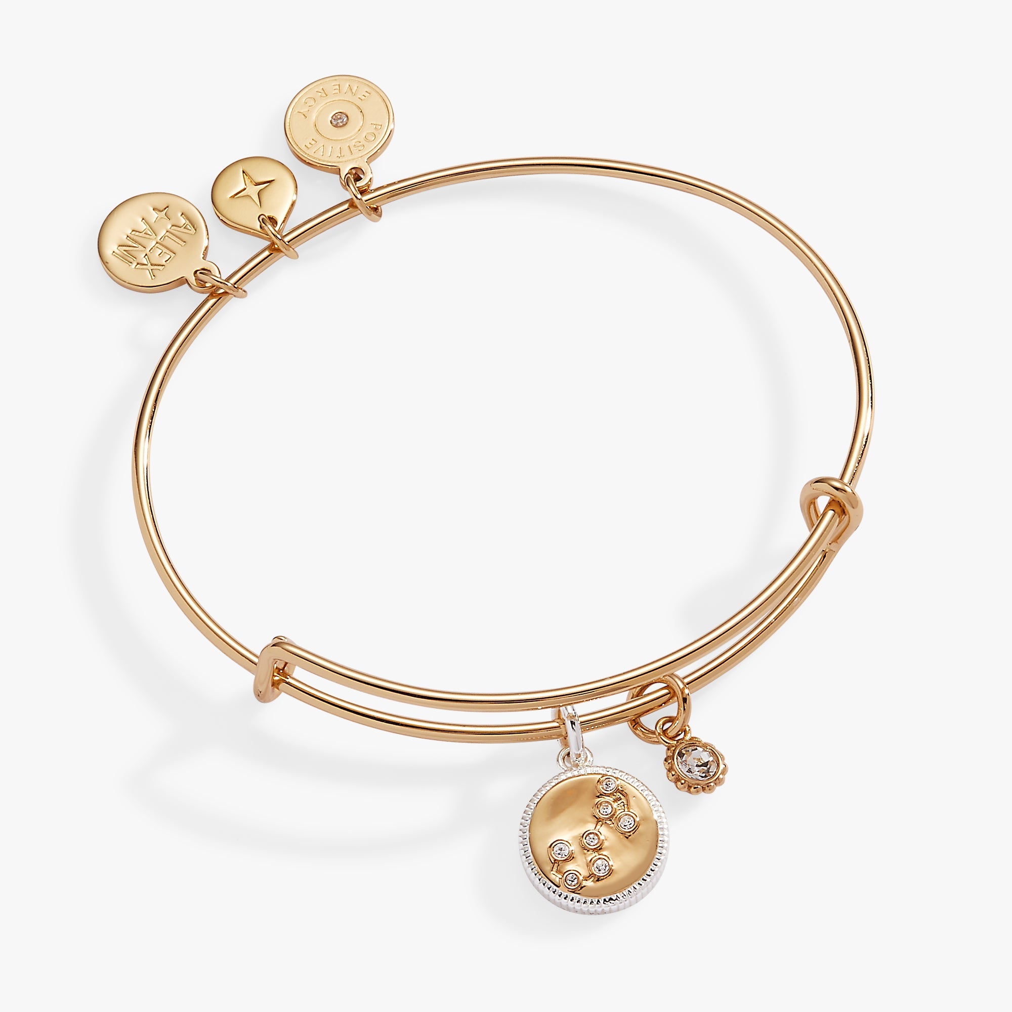 Two-tone Scorpio Zodiac Charm Bangle by ALEX AND ANI featuring a silver and gold-tone bracelet with Scorpio symbol charm.