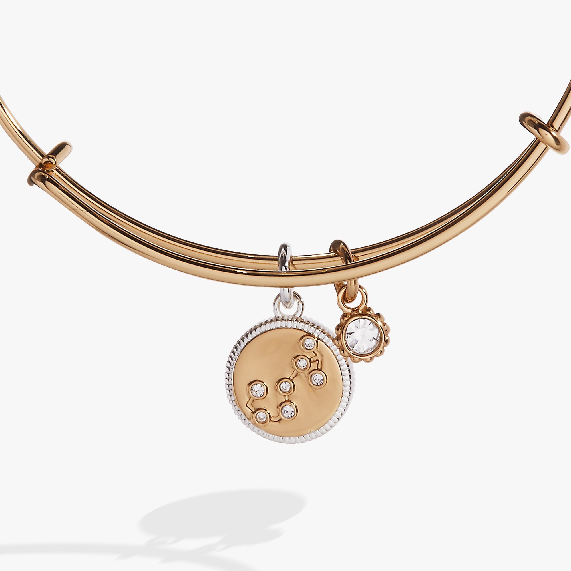 Two-tone Scorpio zodiac charm bangle bracelet by ALEX AND ANI with celestial details and engraved zodiac symbol.