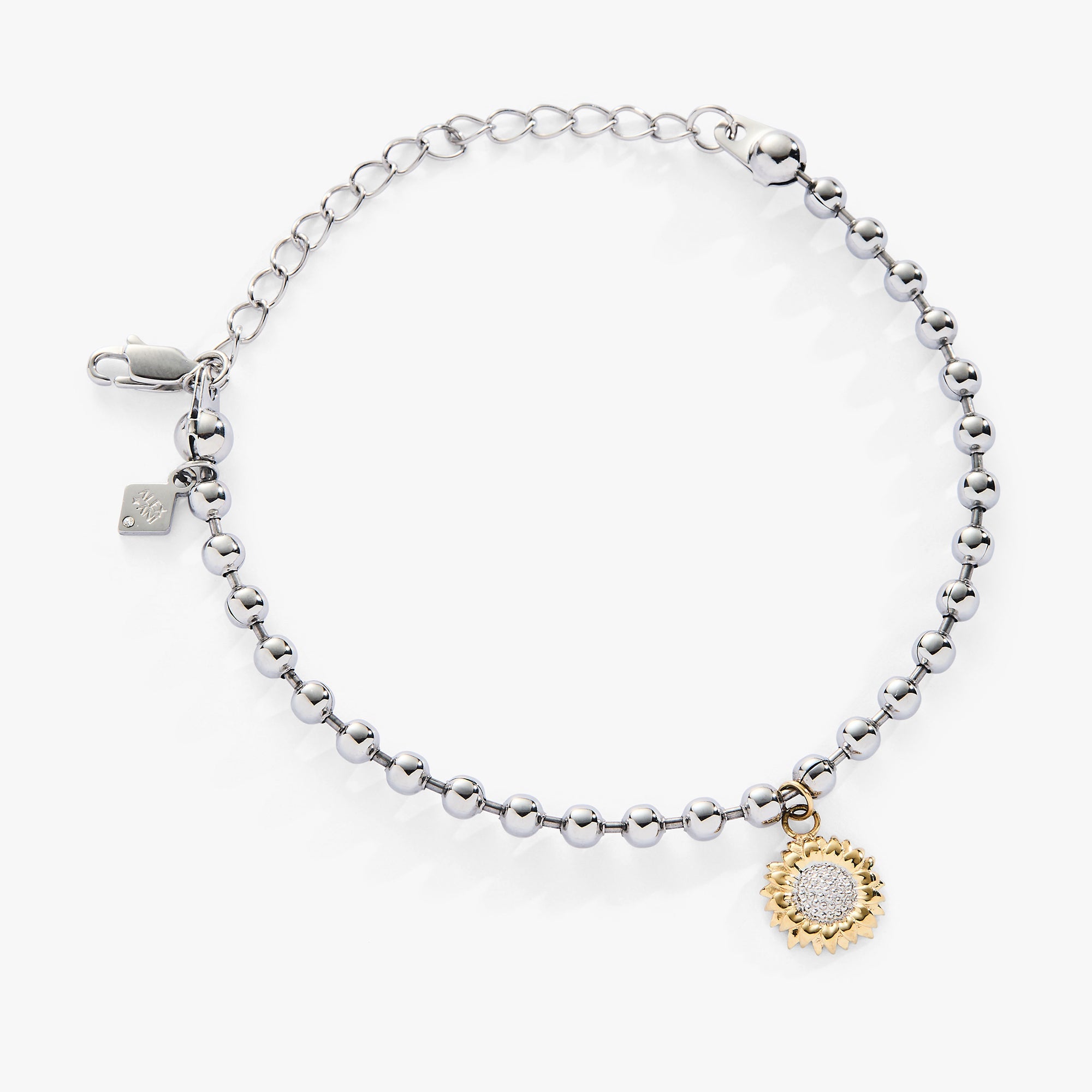 ALEX AND ANI sunflower ball chain bracelet with two-tone stainless steel design, featuring sunflower charm and linked ball chain.