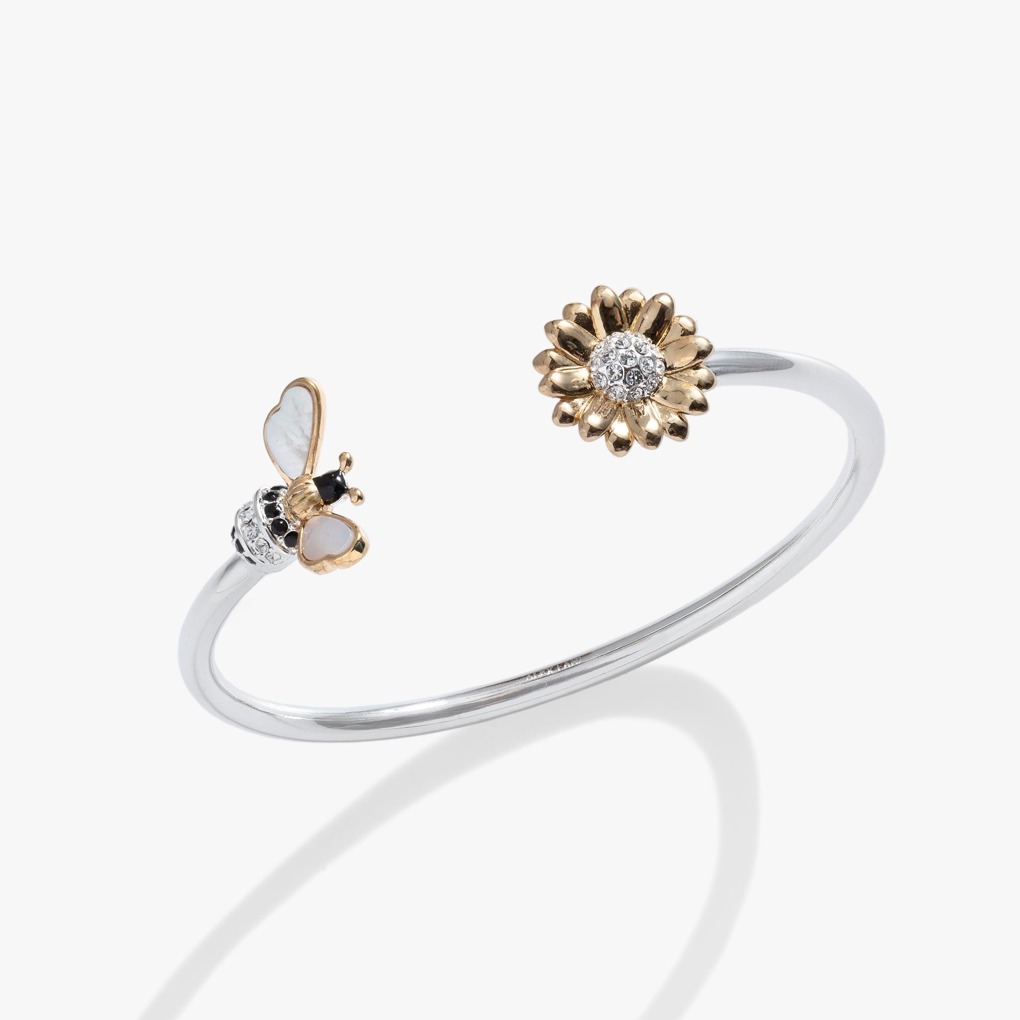 ALEX AND ANI Sunflower & Bee Flex Cuff bracelet with two-tone metal design featuring sunflower and bee charms.