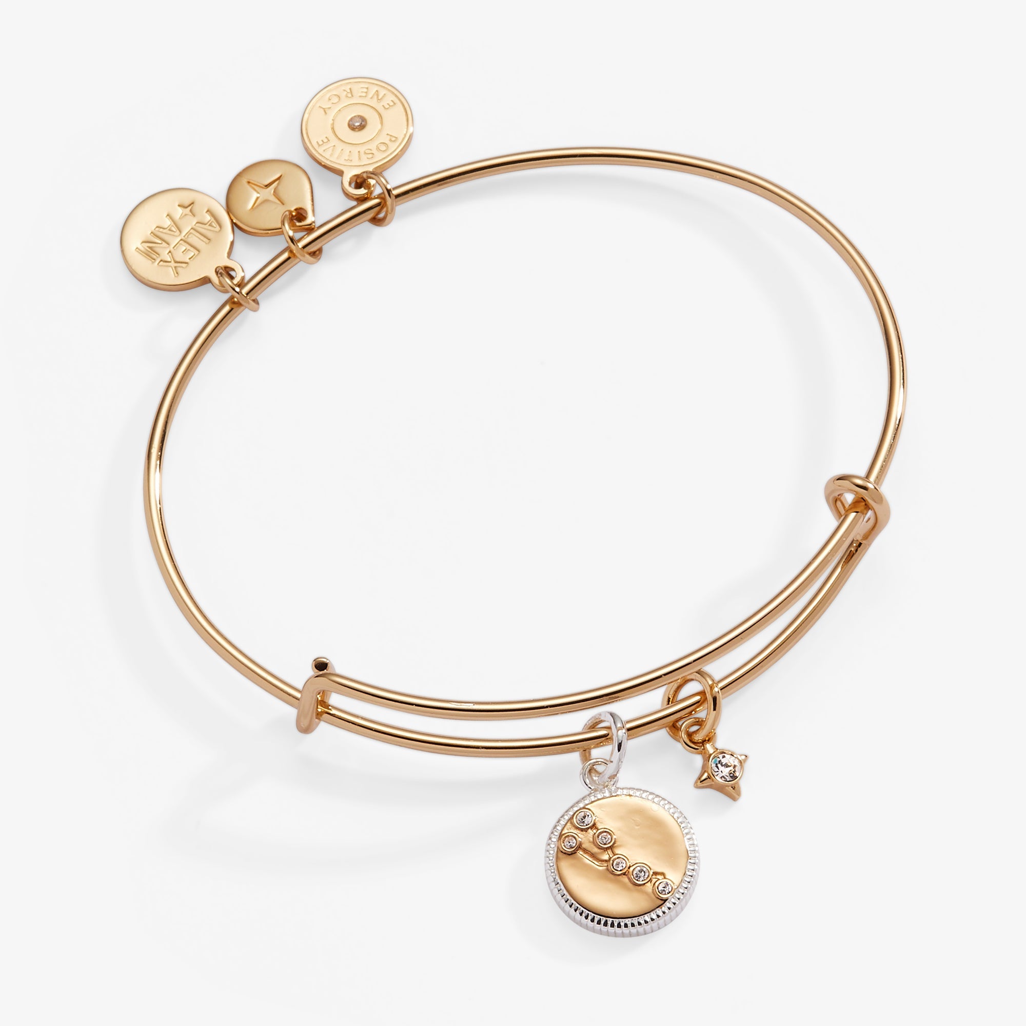 Two-tone Taurus zodiac charm bangle bracelet by ALEX AND ANI featuring a Taurus symbol and sleek metal design.