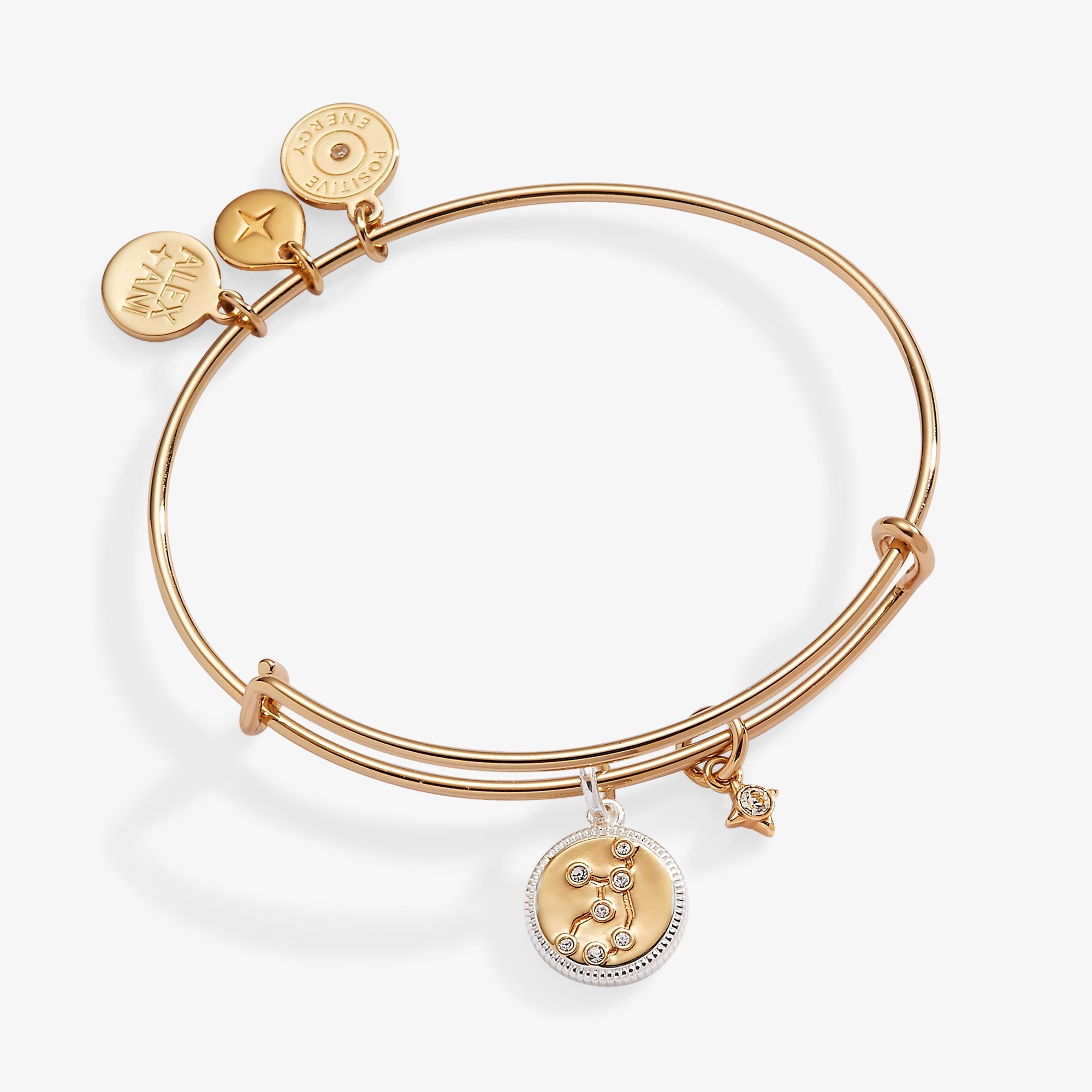 Two-tone Virgo zodiac charm bracelet by ALEX AND ANI featuring a circular charm and sleek bangle design.