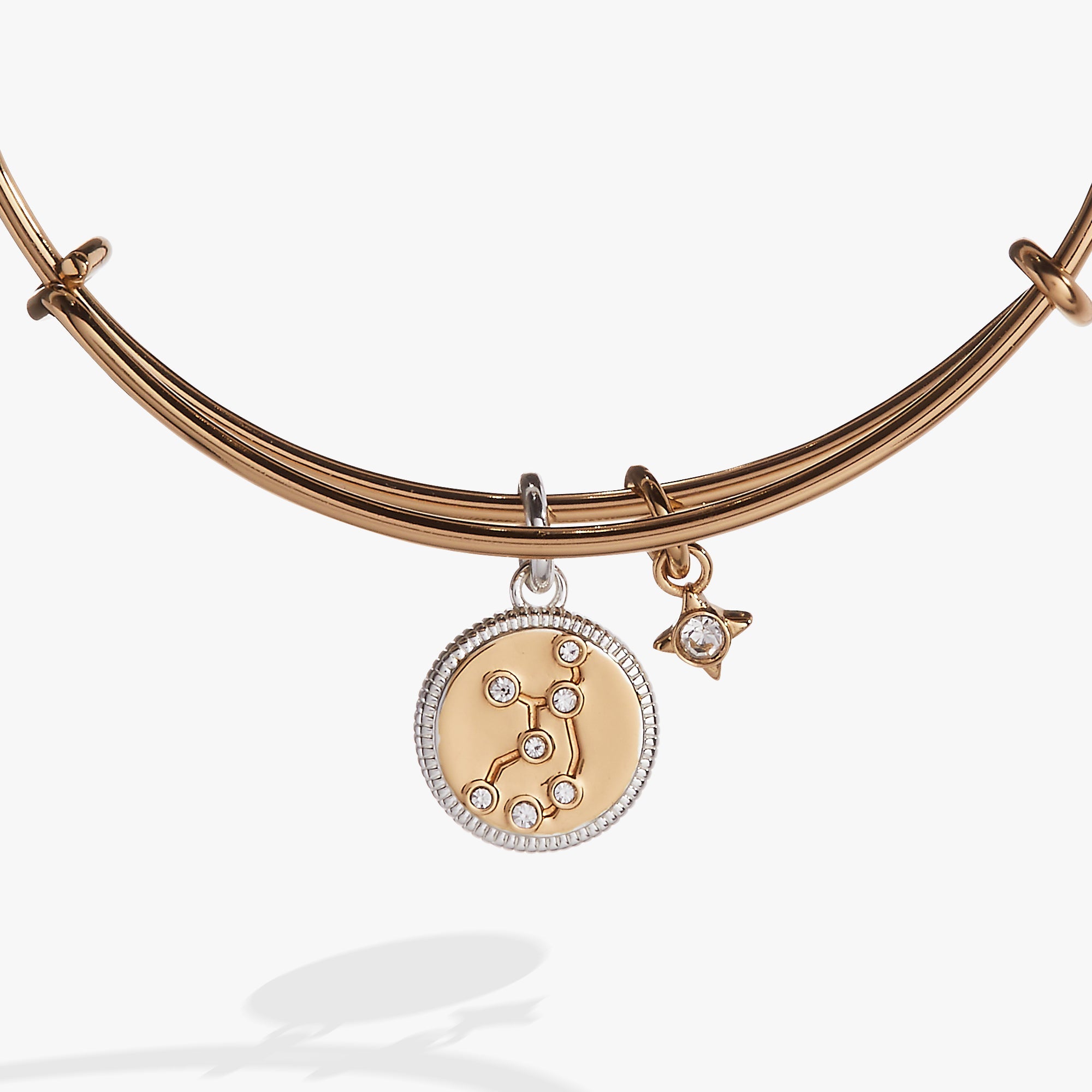 Two-tone Virgo zodiac charm bangle bracelet by ALEX AND ANI featuring a detailed Virgo symbol charm.