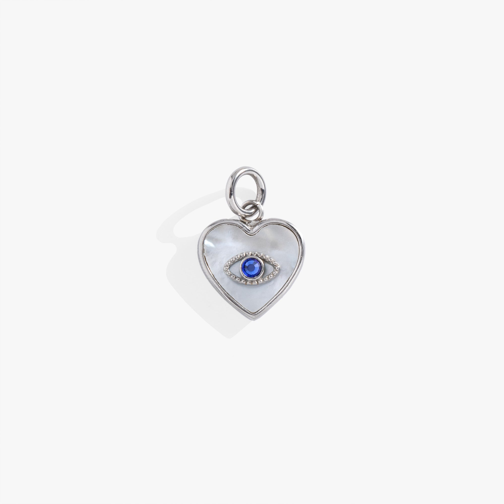 ALEX AND ANI stainless steel silver evil eye heart interchangeable charm with detailed design on a plain background.