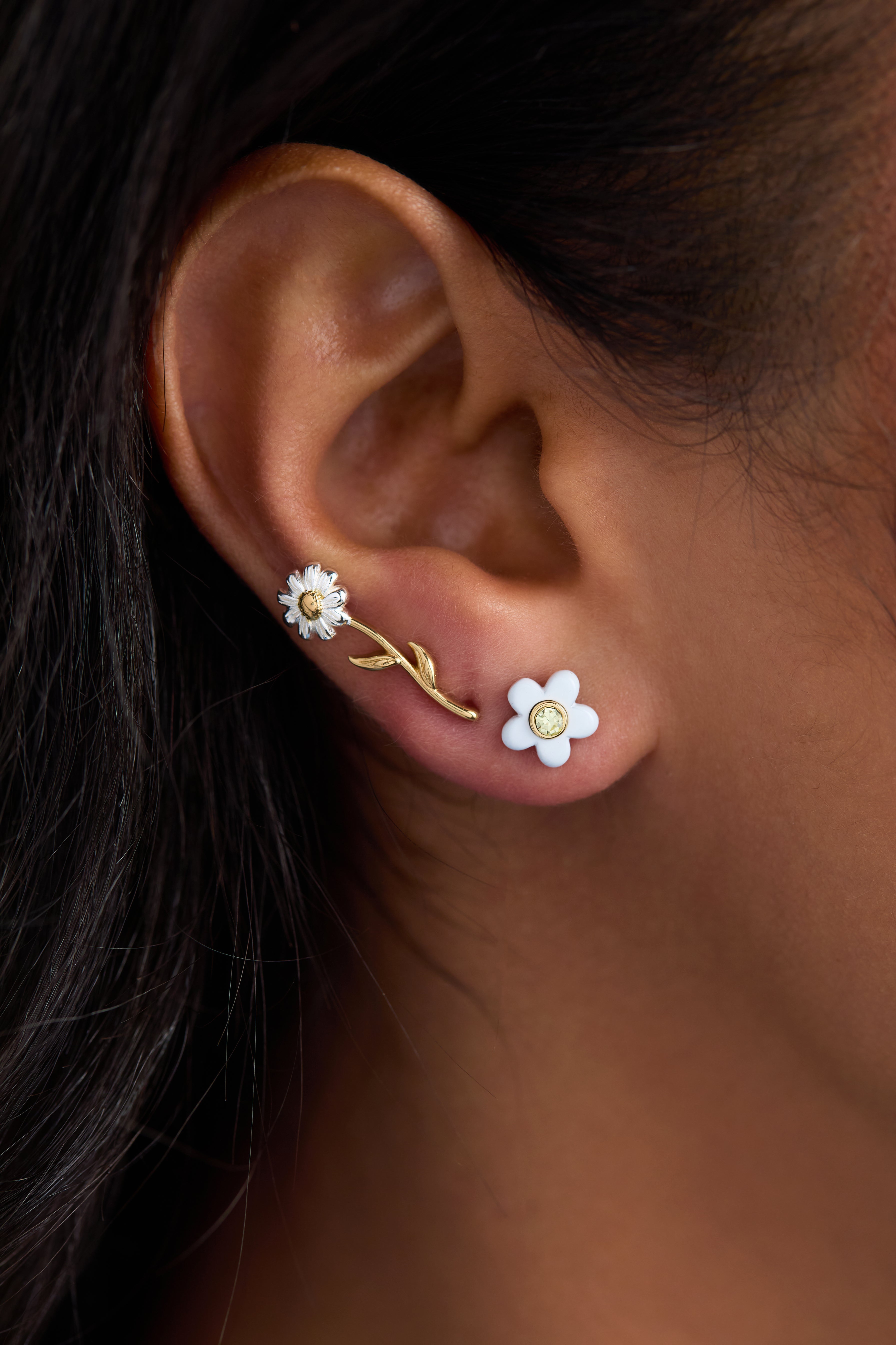 Gold Daisy Flower stud and huggie hoop earring set of 3 by ALEX AND ANI, featuring floral jewelry with daisy designs.