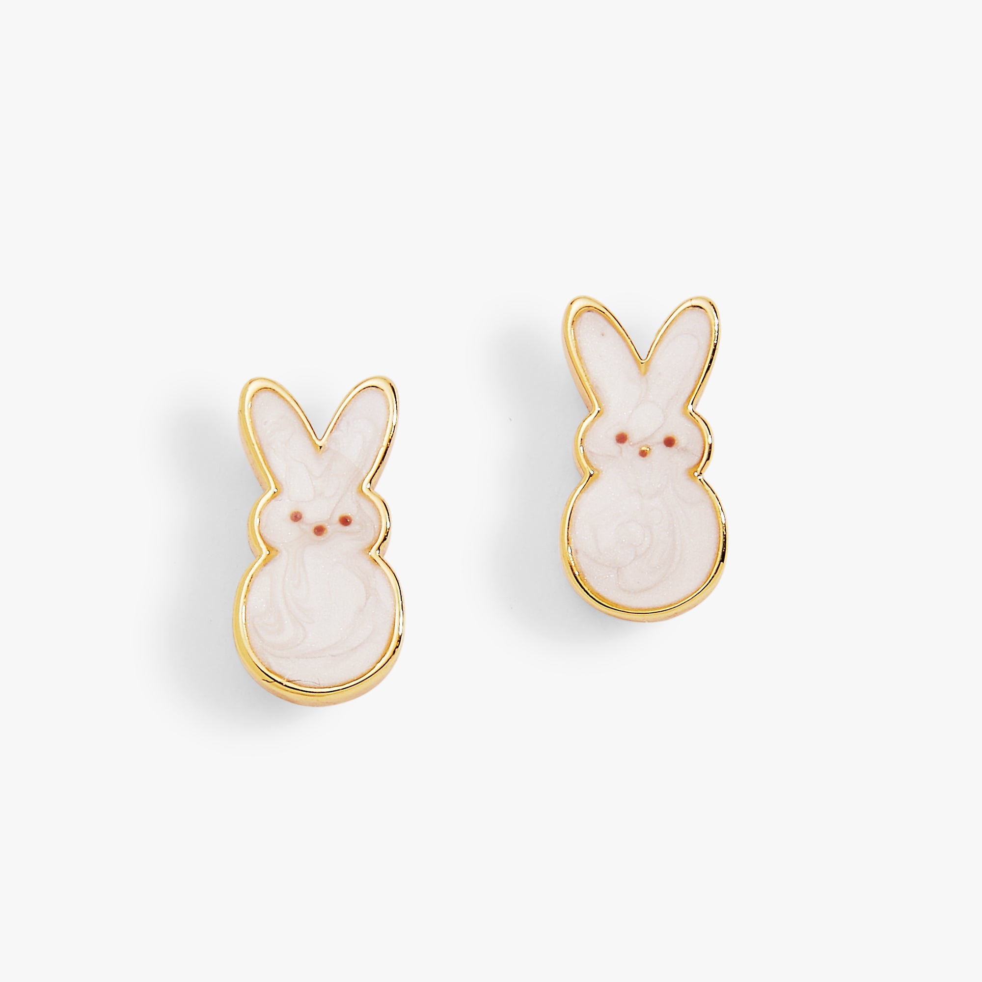 ALEX AND ANI white pearlized bunny stud earrings with gold accents, featuring cute bunny designs on small earring posts.