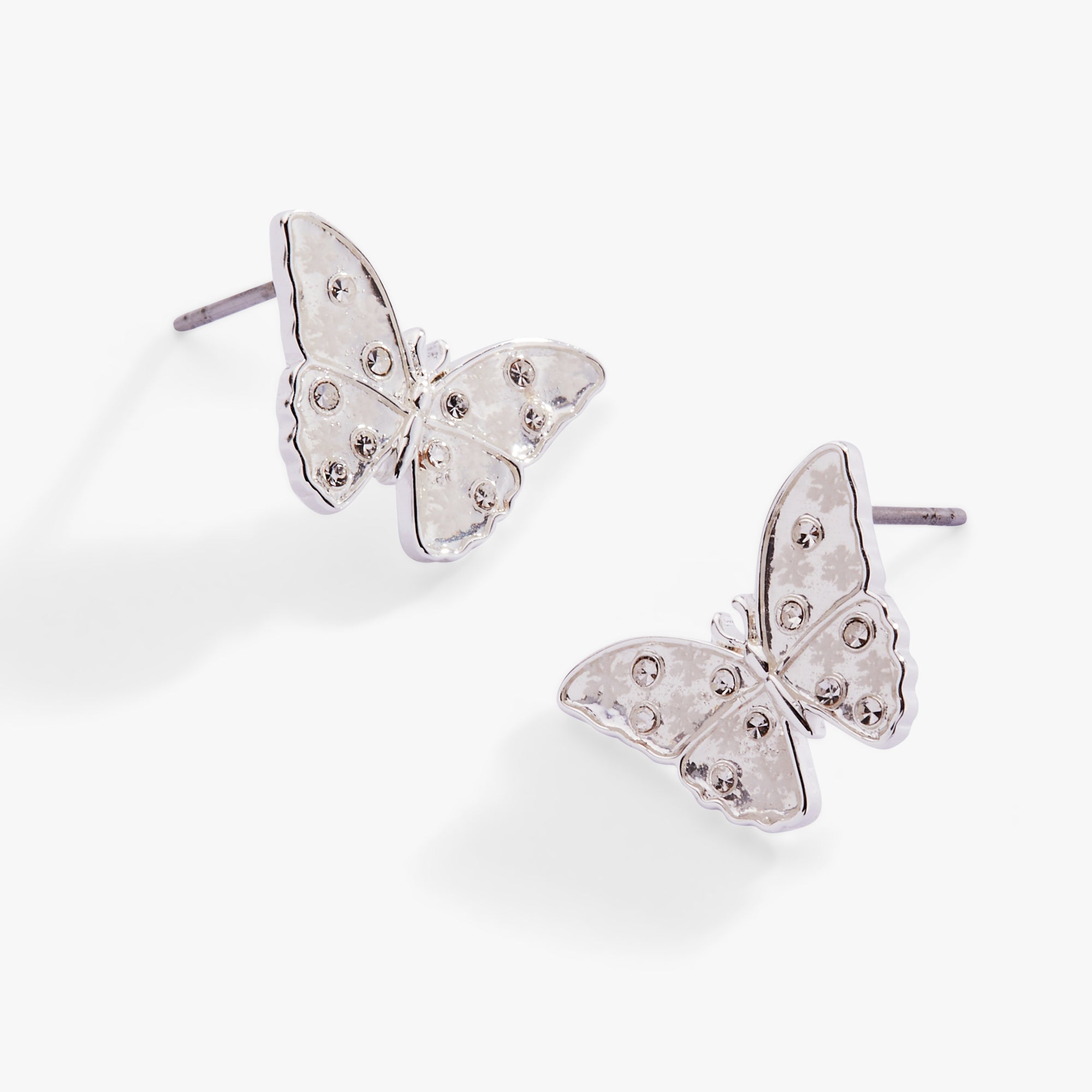 Silver glass butterfly statement stud earrings by ALEX AND ANI featuring intricate butterfly design and shiny finish.