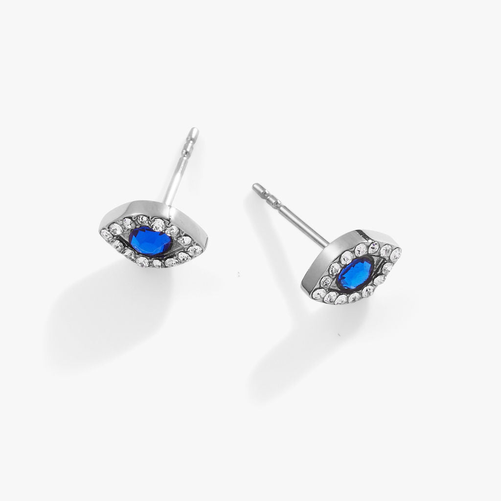 Silver stainless steel Evil Eye Mini Stud Earrings by ALEX AND ANI, featuring small, detailed eye designs on classic studs.