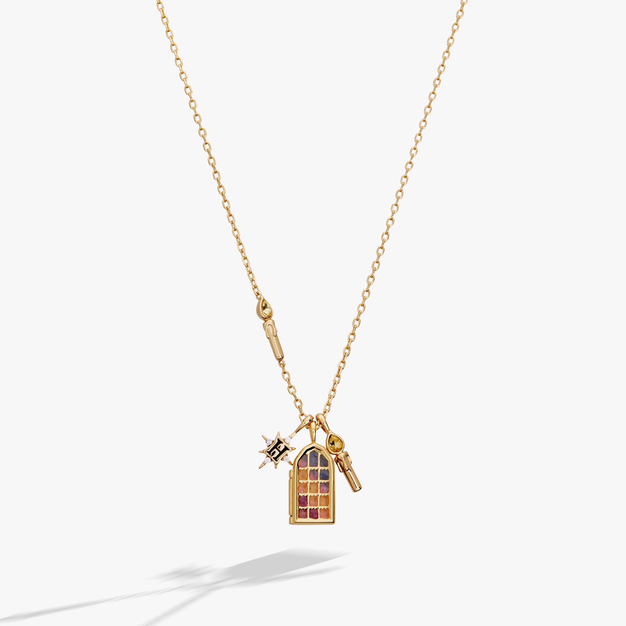Gold Harry Potter Hogwarts Great Hall Cluster Charm Necklace by ALEX AND ANI, featuring detailed magical hall pendant on a delicate chain.