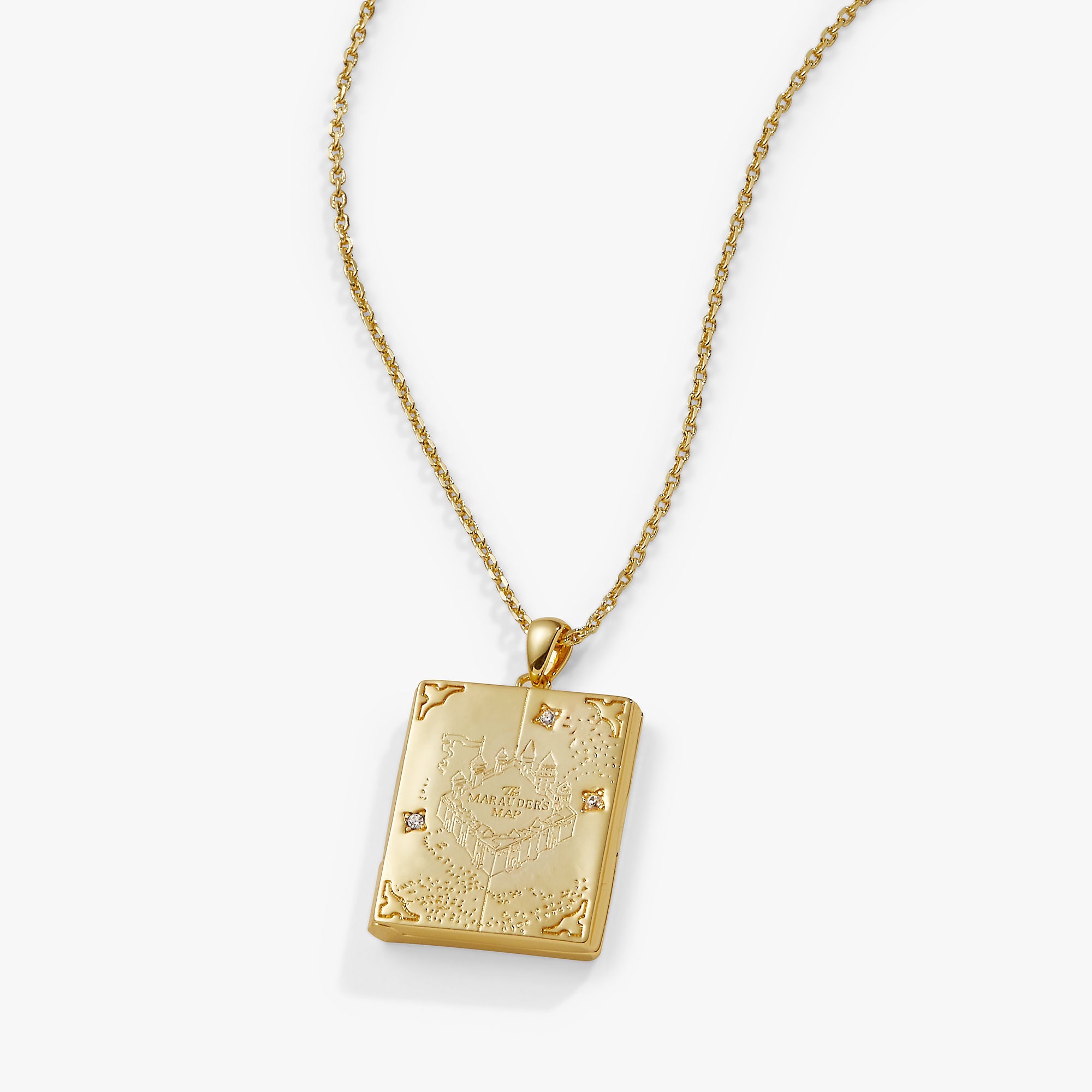 Gold Harry Potter Mischief Managed locket necklace by ALEX AND ANI featuring magical-themed design and intricate detailing.