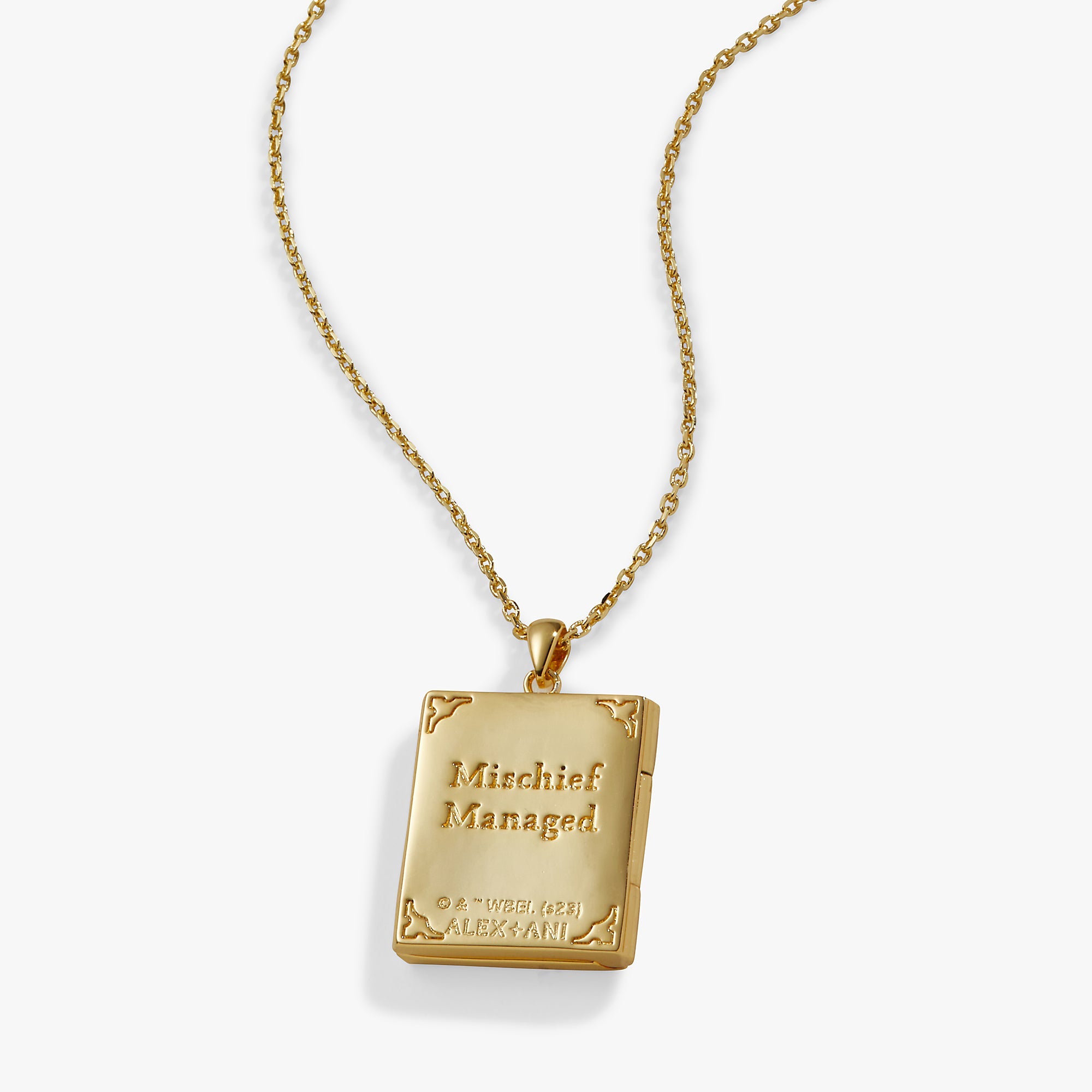 Gold Harry Potter Mischief Managed locket necklace by ALEX AND ANI, featuring a detailed charm and elegant chain.