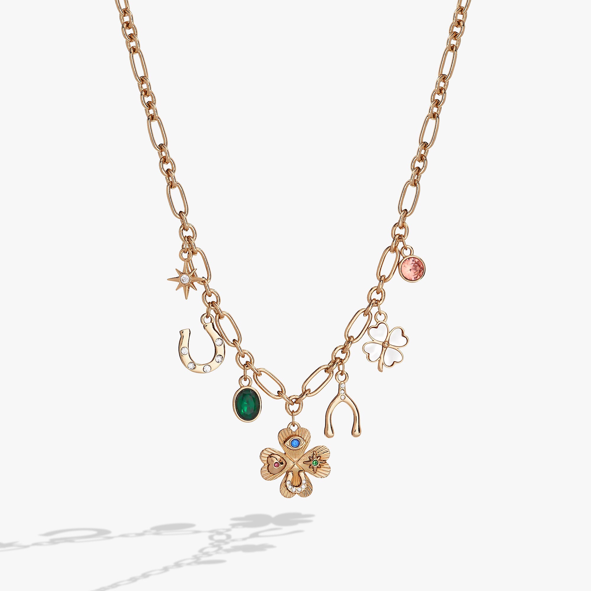 Gold Lucky Four Leaf Clover Charm Necklace by ALEX AND ANI, featuring a delicate clover pendant on a fine chain.