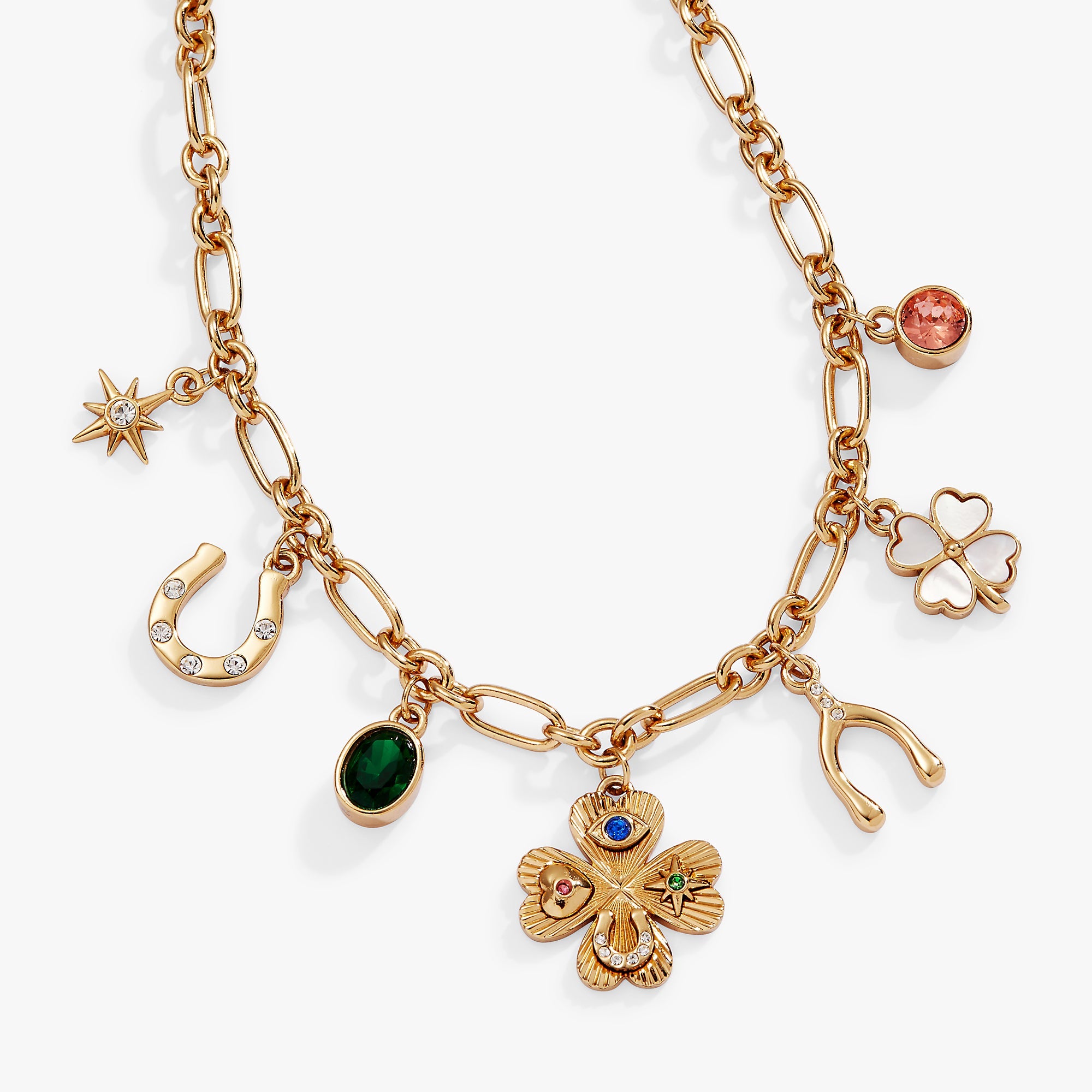 Gold ALEX AND ANI Lucky Four Leaf Clover Charm Necklace featuring a delicate four-leaf clover pendant on a fine chain.