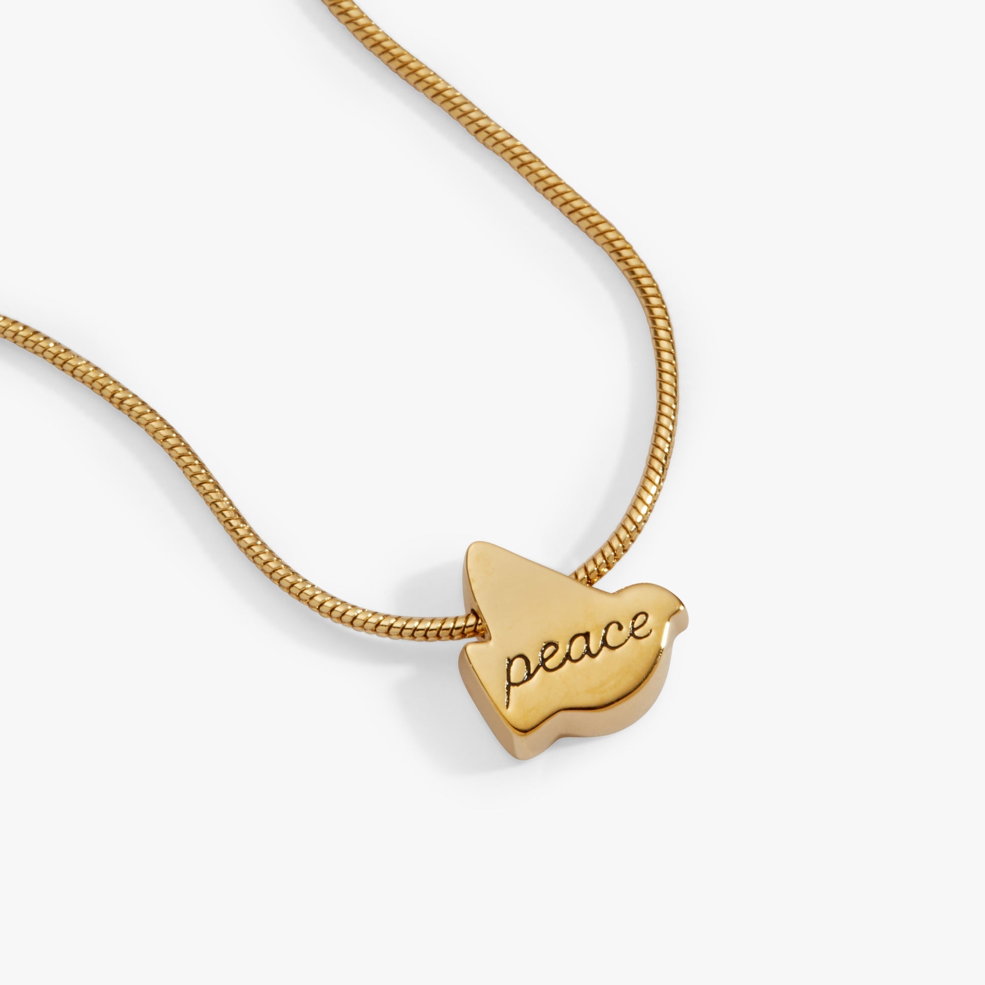 Gold pearlized dove 'Peace' slider necklace by ALEX AND ANI featuring a delicate dove pendant on a sleek chain.