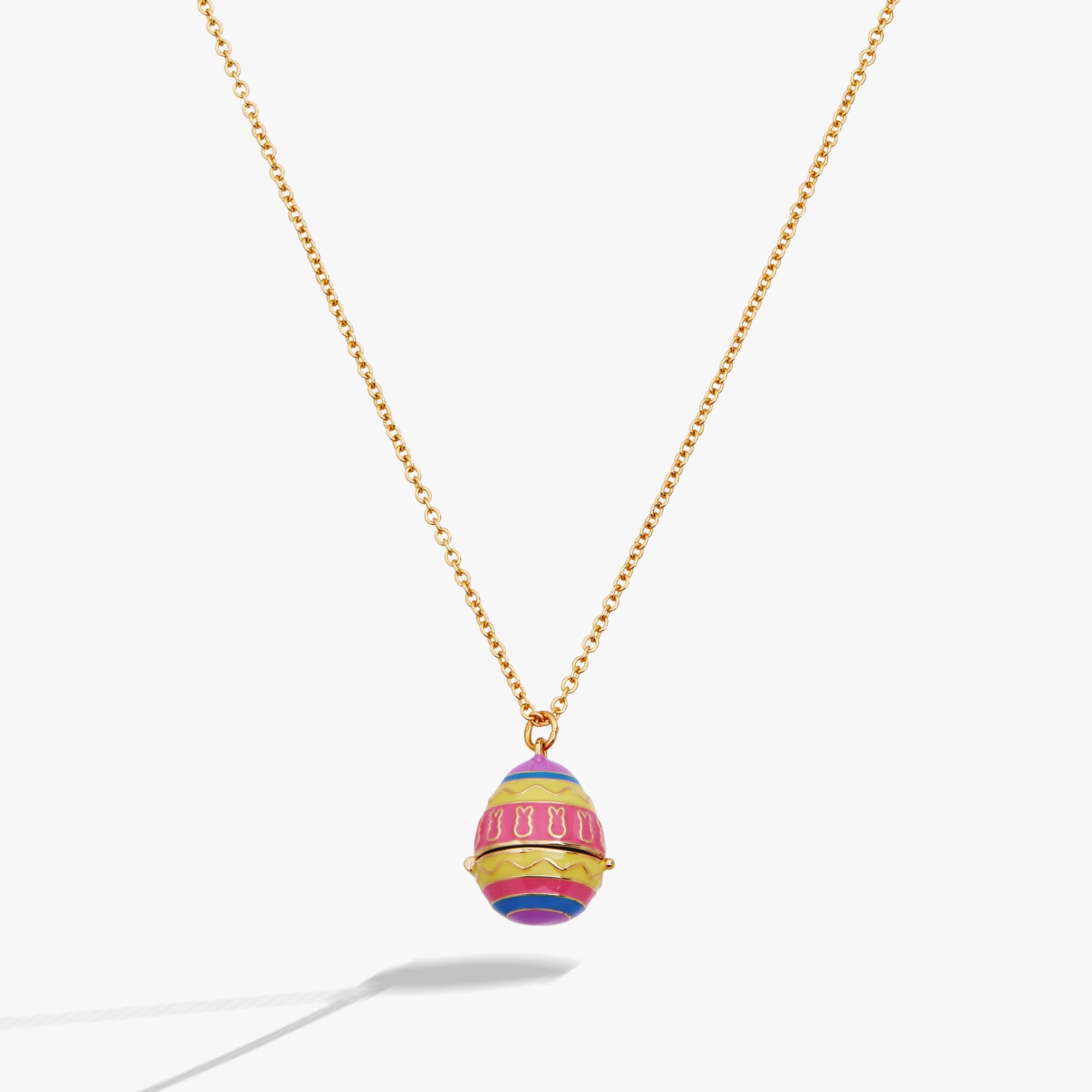 Gold PEEPS® Easter Egg pendant necklace by ALEX AND ANI featuring a colorful, detailed Easter-themed charm on a delicate chain.