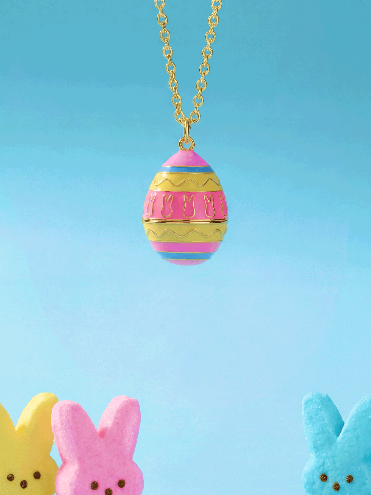 Gold PEEPS® Easter Egg Pendant Necklace by ALEX AND ANI featuring a colorful chick-shaped charm on a delicate chain.