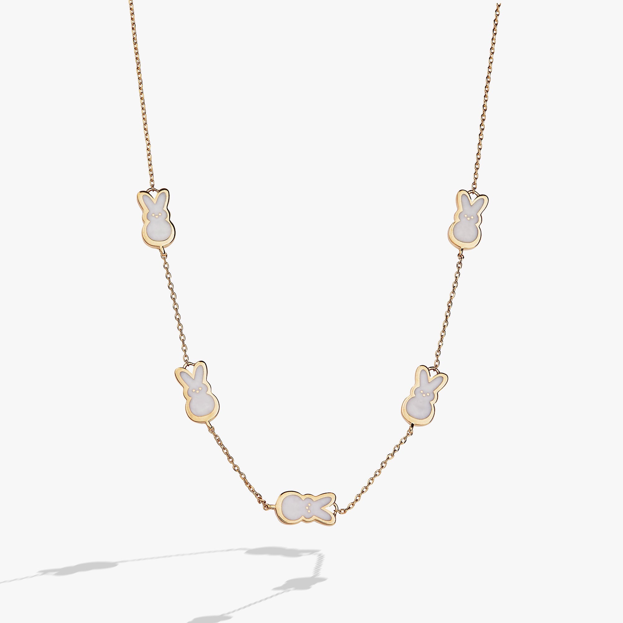 Gold PEEPS® Pearlized Bunny Charm Necklace by ALEX AND ANI featuring a cute bunny pendant on a delicate chain.