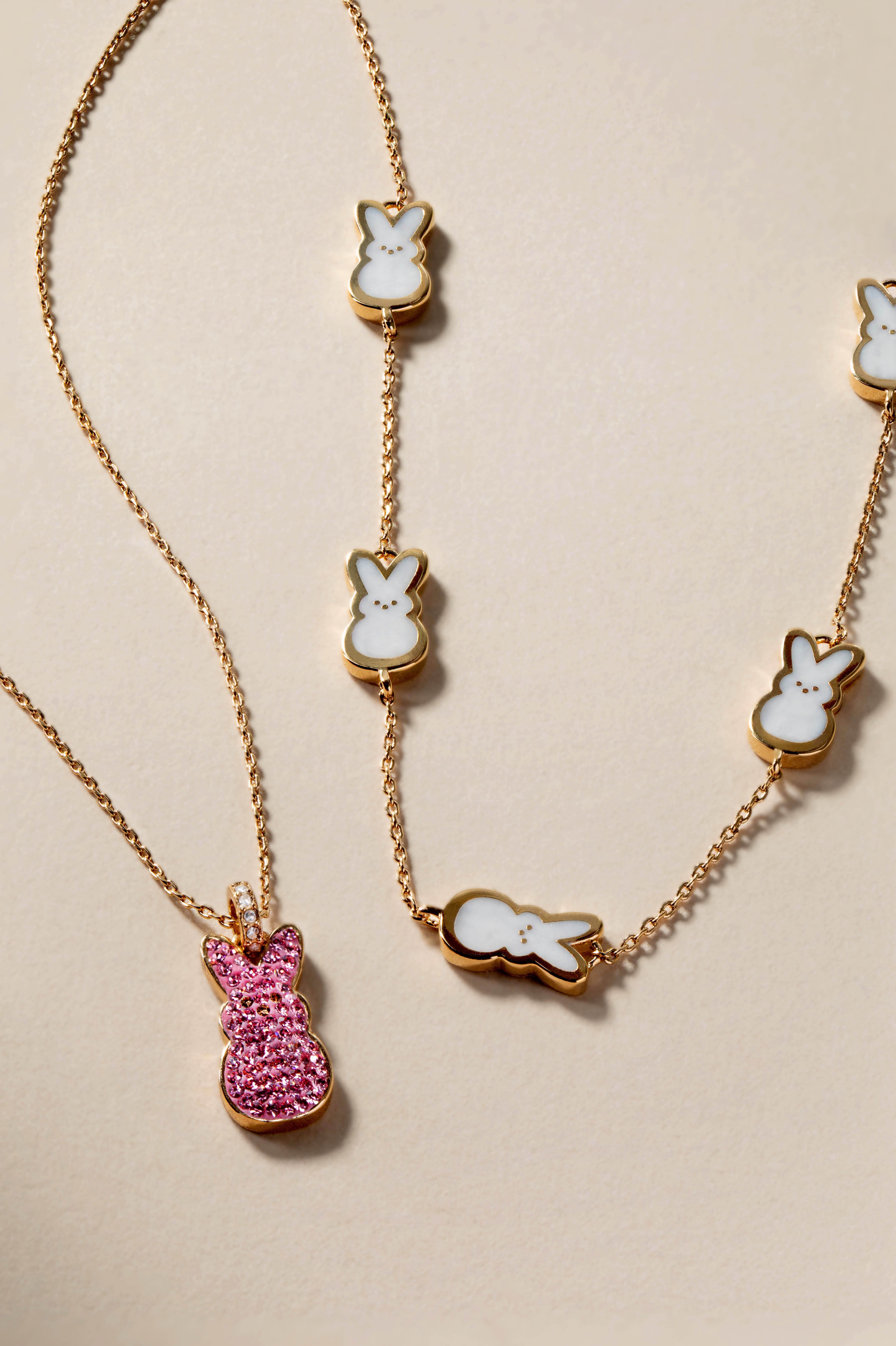 Gold PEEPS® Pearlized Bunny Charm Necklace by ALEX AND ANI featuring a cute bunny pendant on a delicate chain.