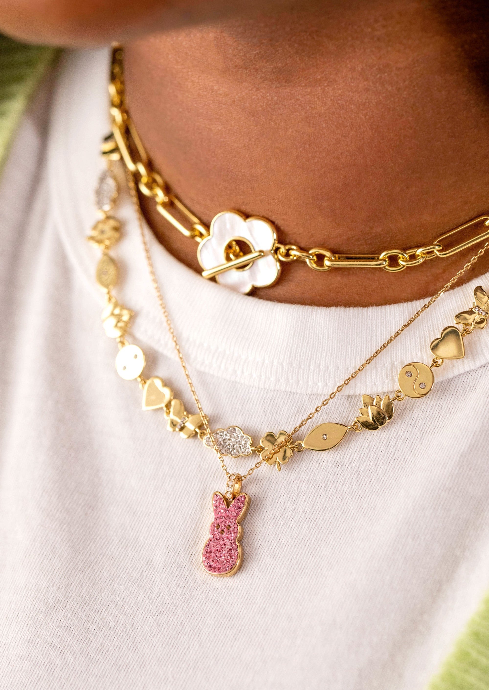 ALEX AND ANI Pink Crystal Bunny Pendant Necklace featuring a gold chain and a pink crystal bunny charm.