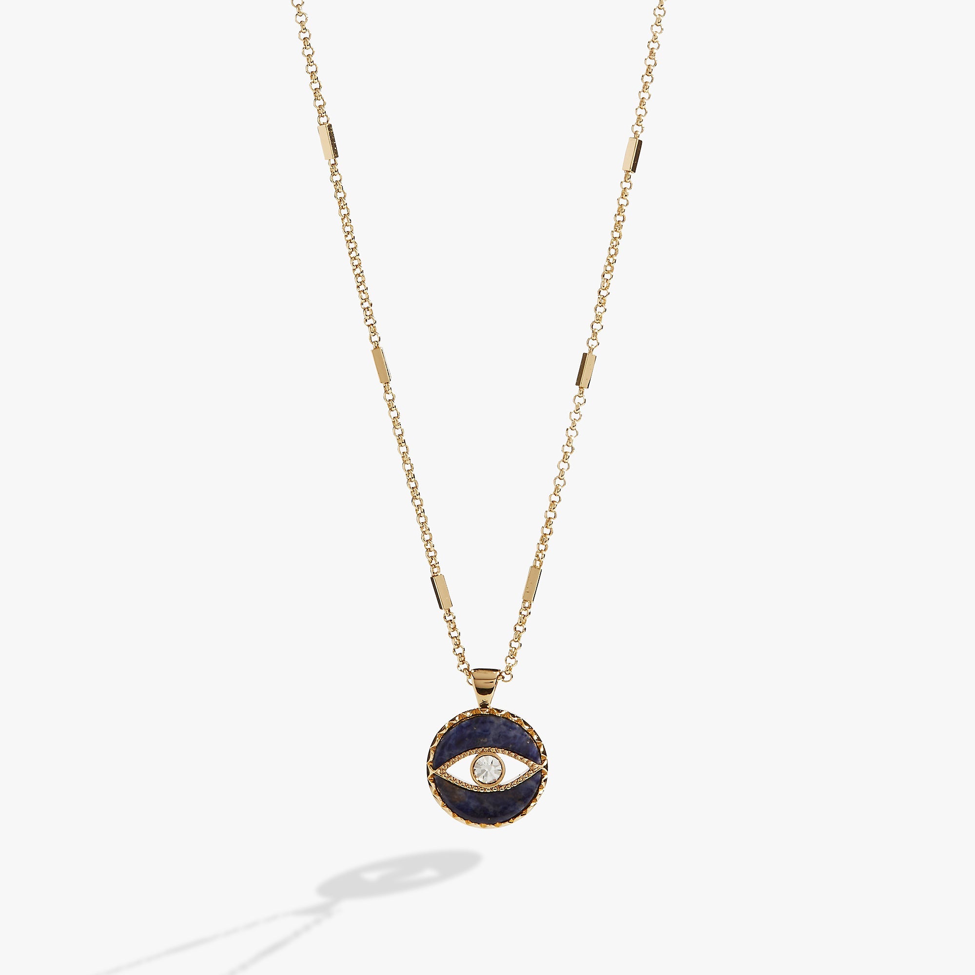Gold Sodalite Evil Eye Necklace by ALEX AND ANI featuring a pendant with blue and white Sodalite stone and evil eye charm.