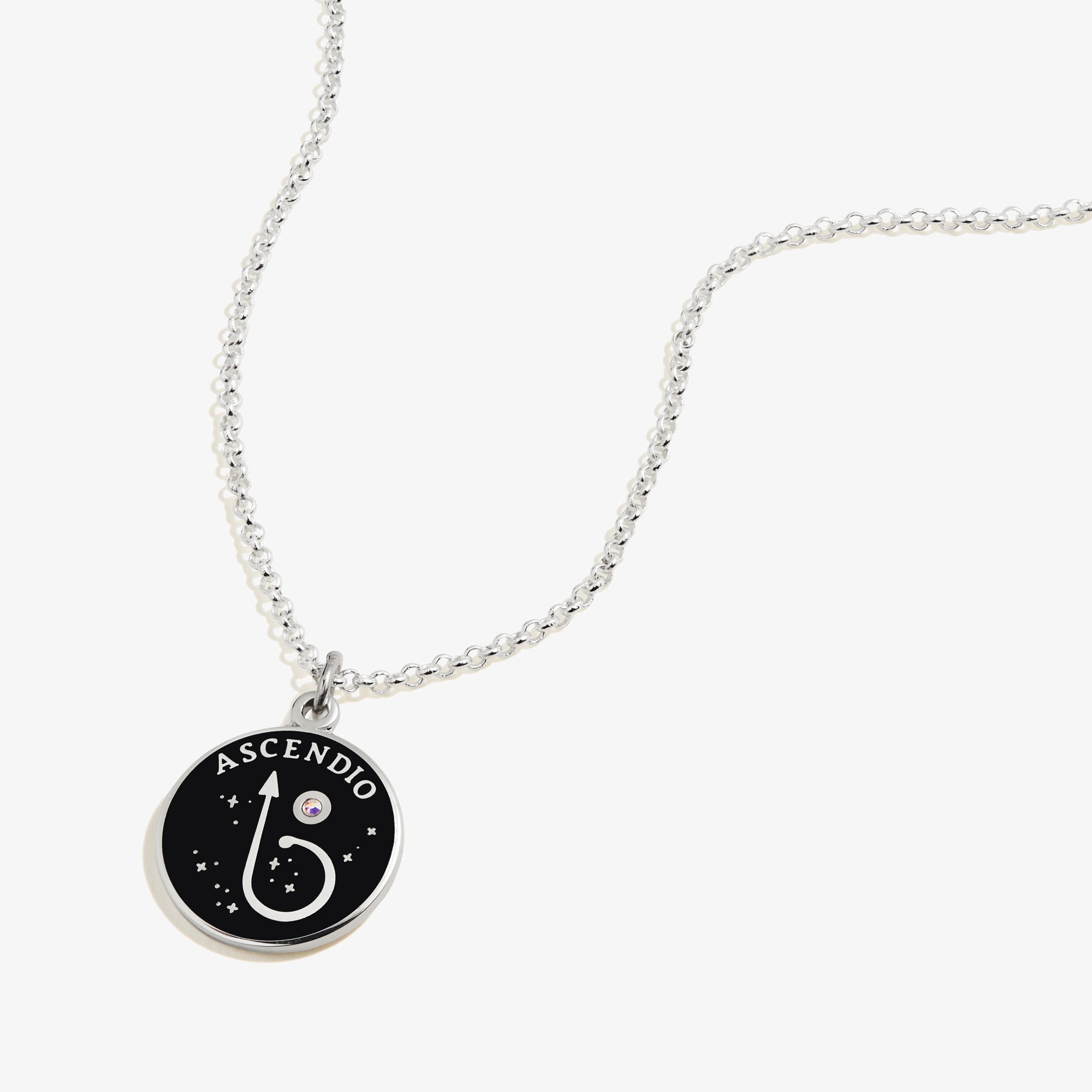 Shiny silver Harry Potter Ascendio necklace by ALEX AND ANI, adjustable chain with magical-themed pendant.