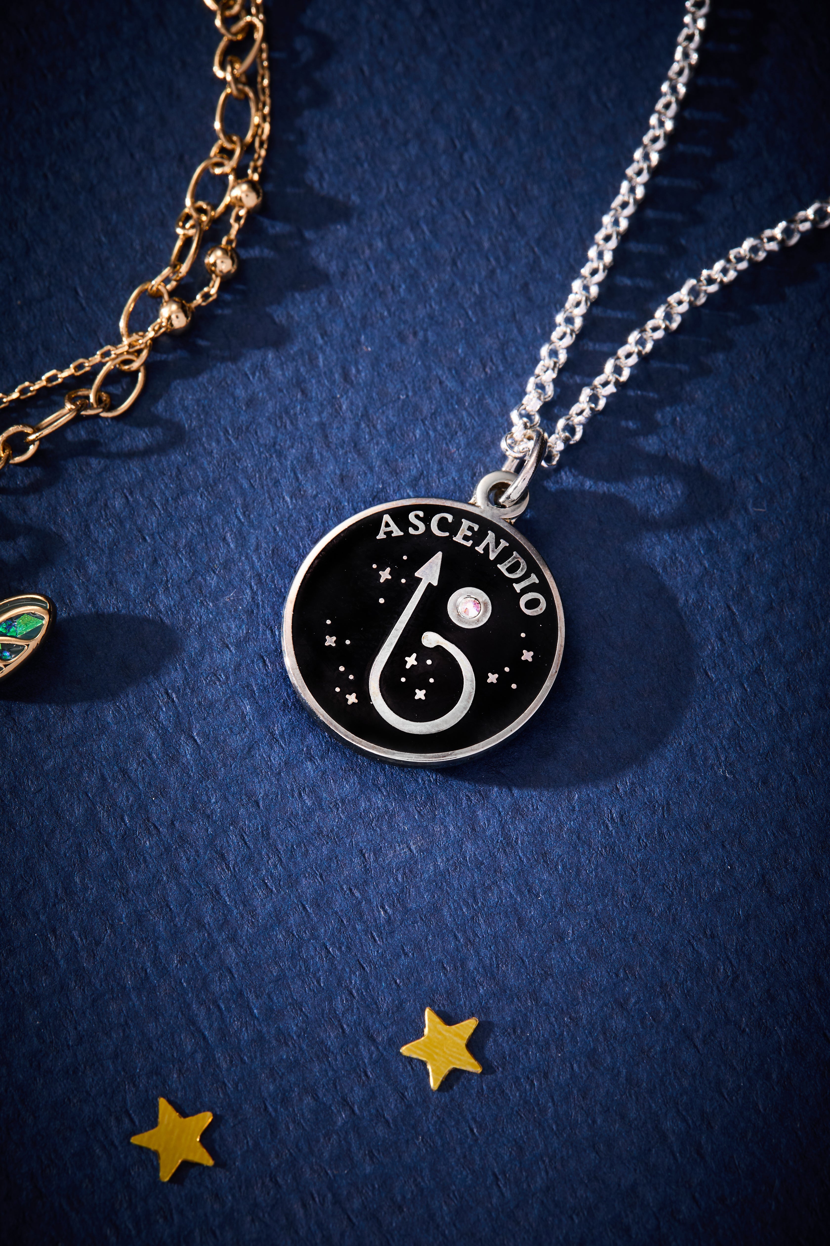 Shiny silver Harry Potter Ascendio necklace by ALEX AND ANI, adjustable chain featuring magical symbol pendant.