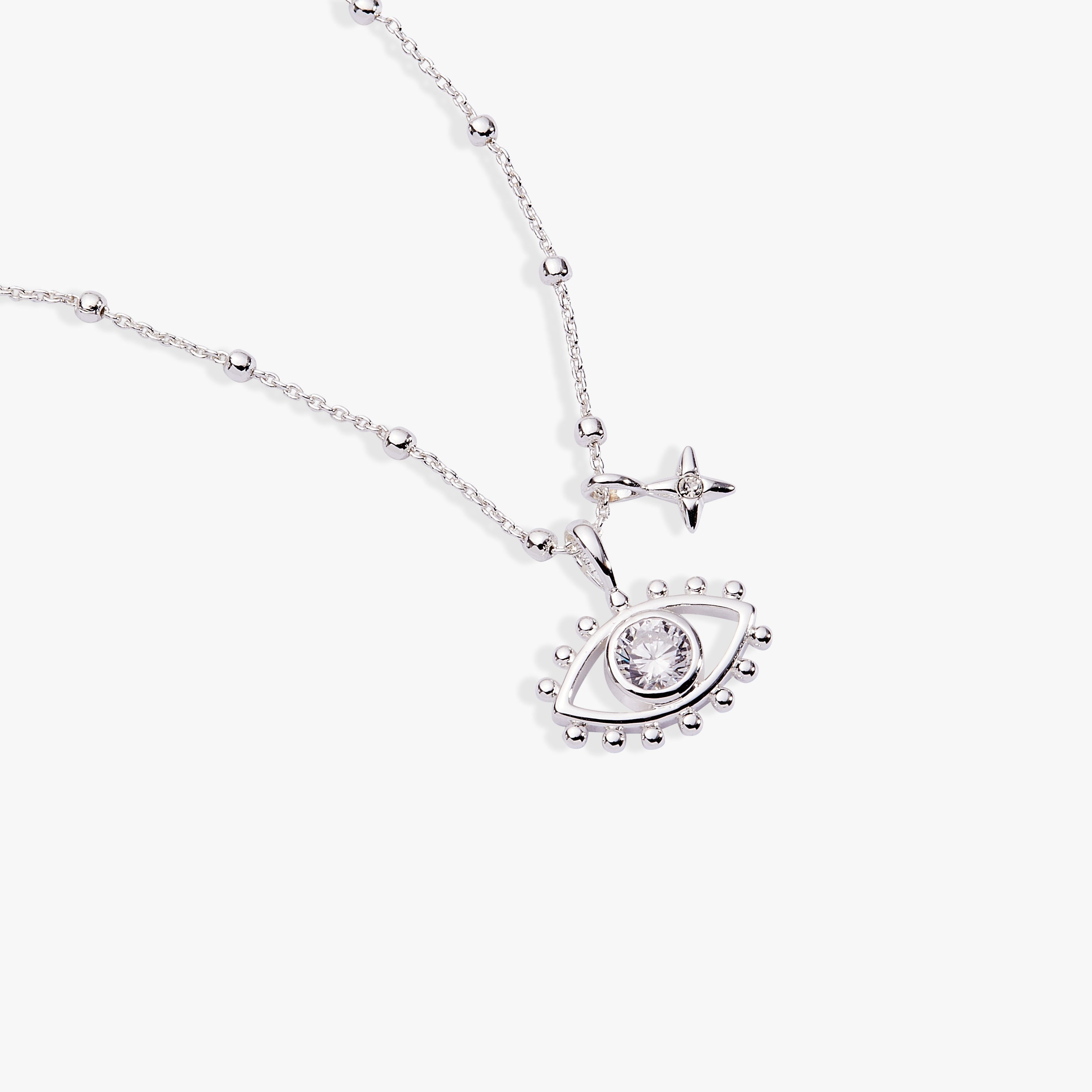 Silver Evil Eye Duo Charm Necklace by ALEX AND ANI featuring two eye-shaped pendants on a delicate chain.