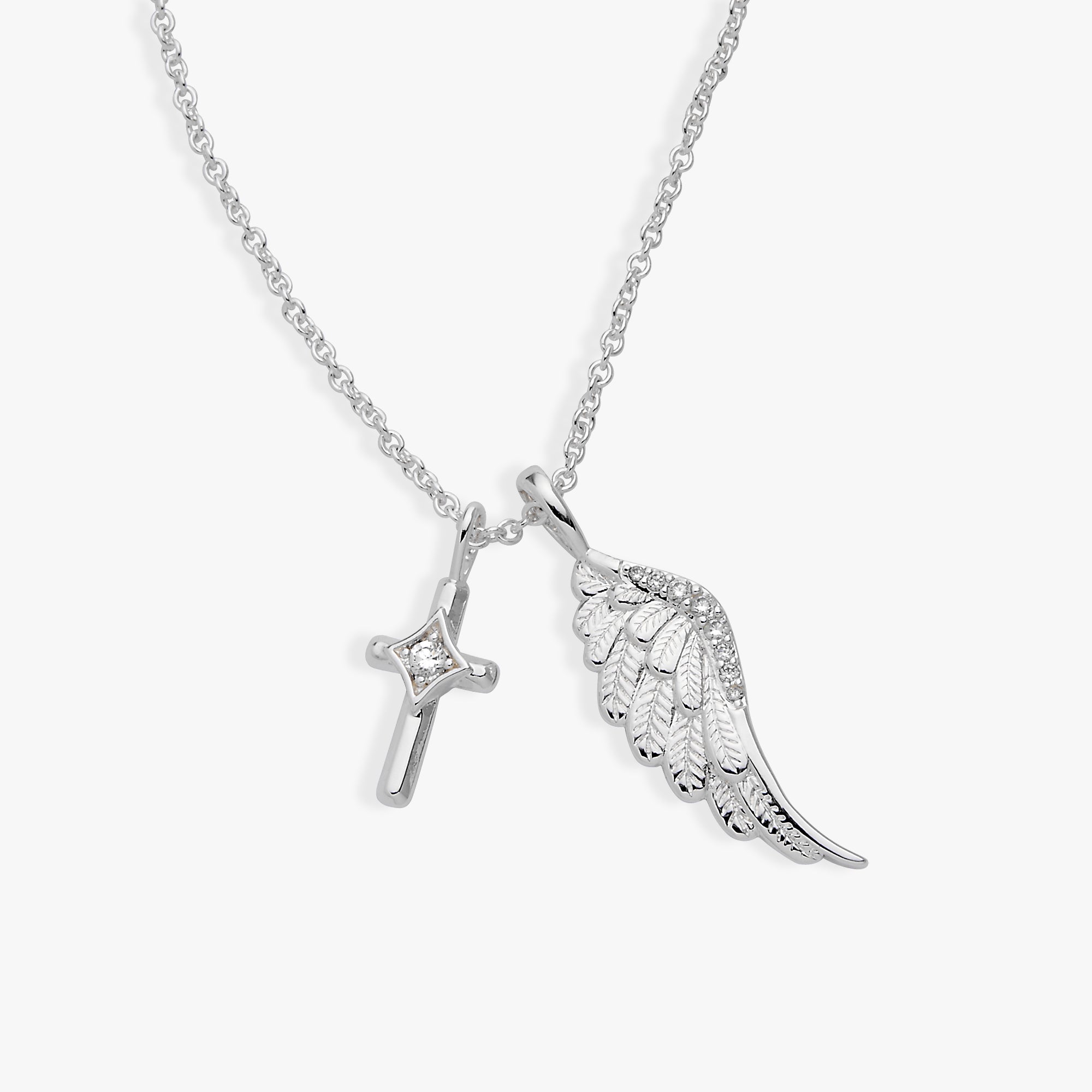Silver ALEX AND ANI necklace featuring a faith cross and angel wing charms on a delicate chain.