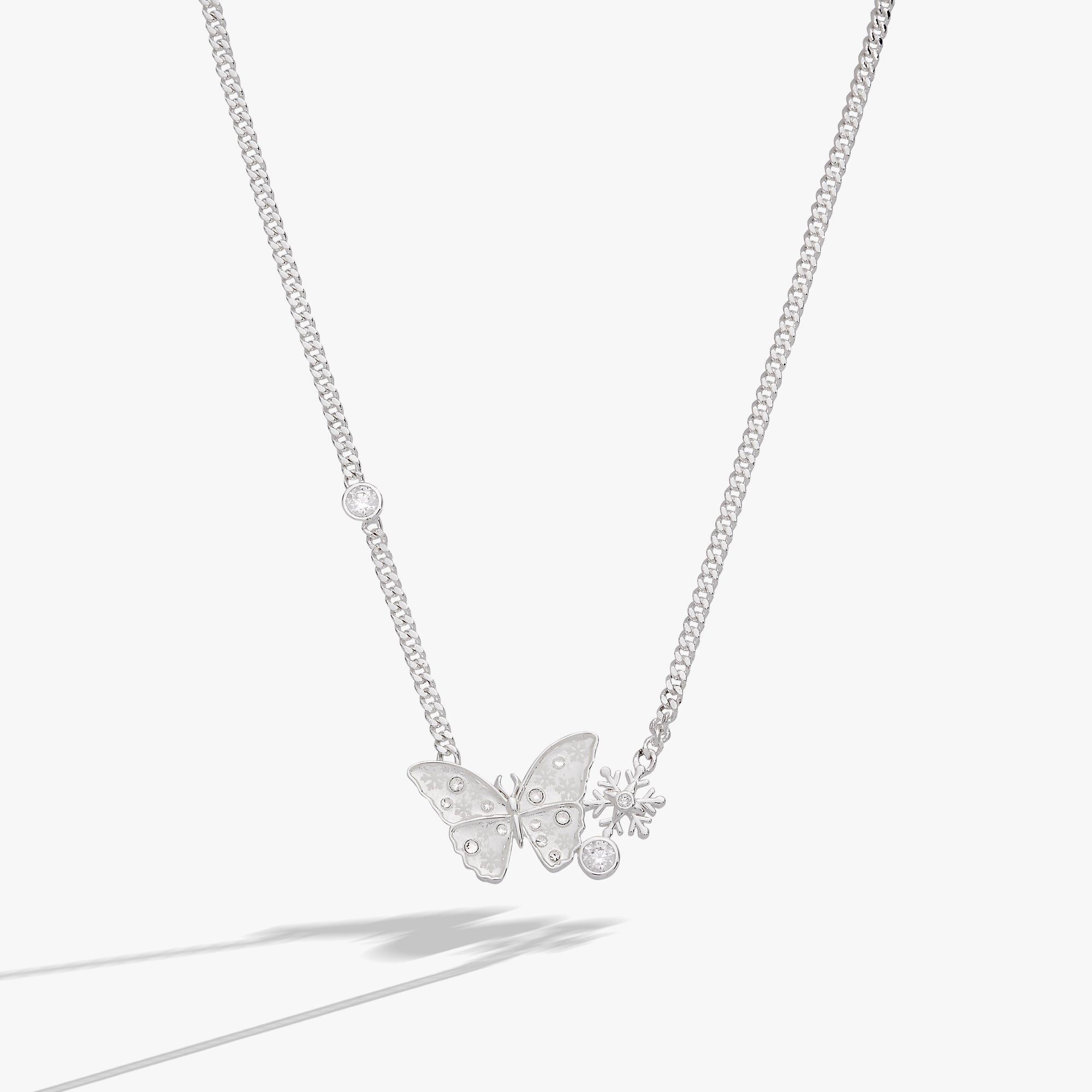 ALEX AND ANI silver glass butterfly inline necklace featuring a delicate butterfly pendant on a sleek chain.