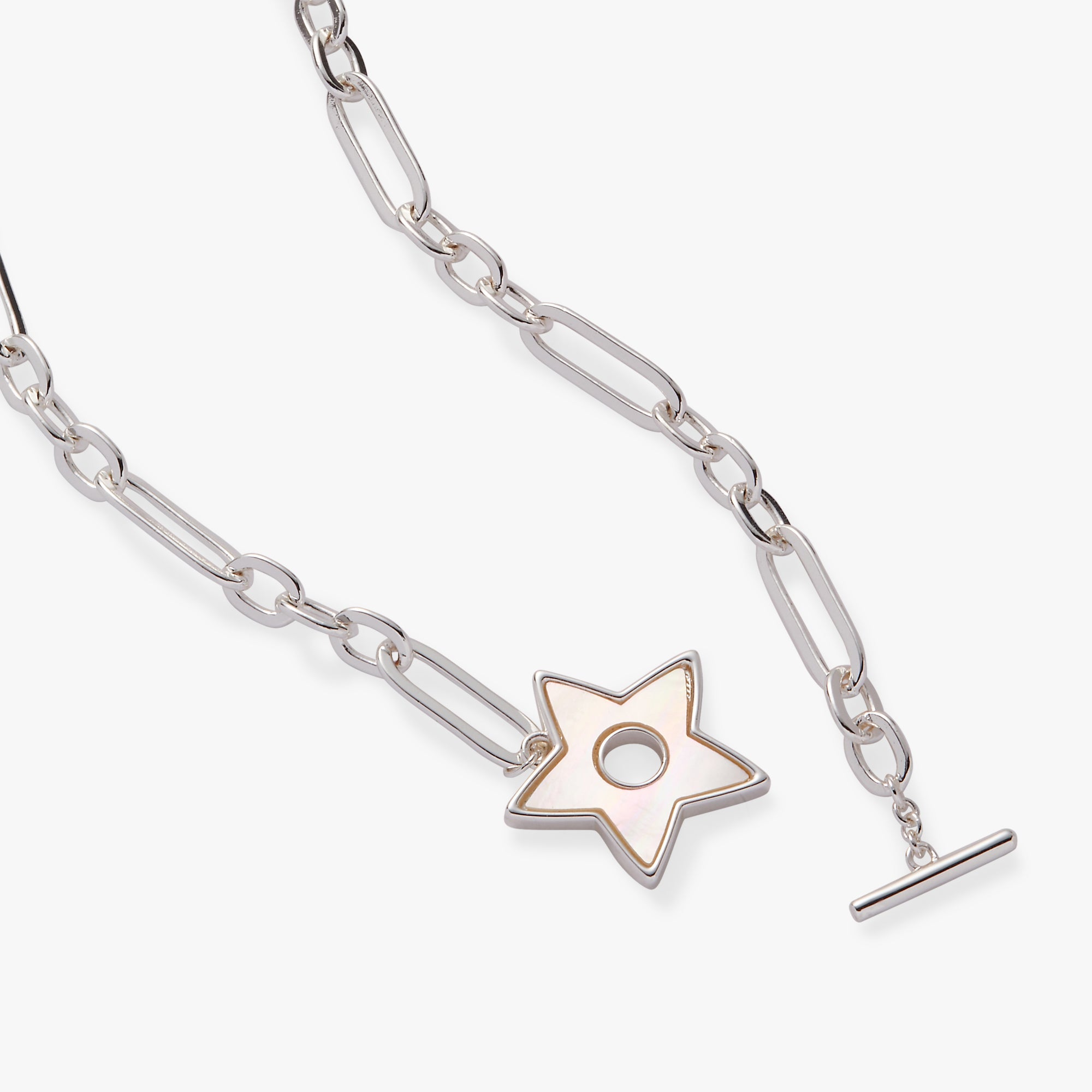 Silver Star Mother of Pearl Toggle Necklace by ALEX AND ANI featuring a star-shaped mother of pearl pendant on a sleek silver chain.