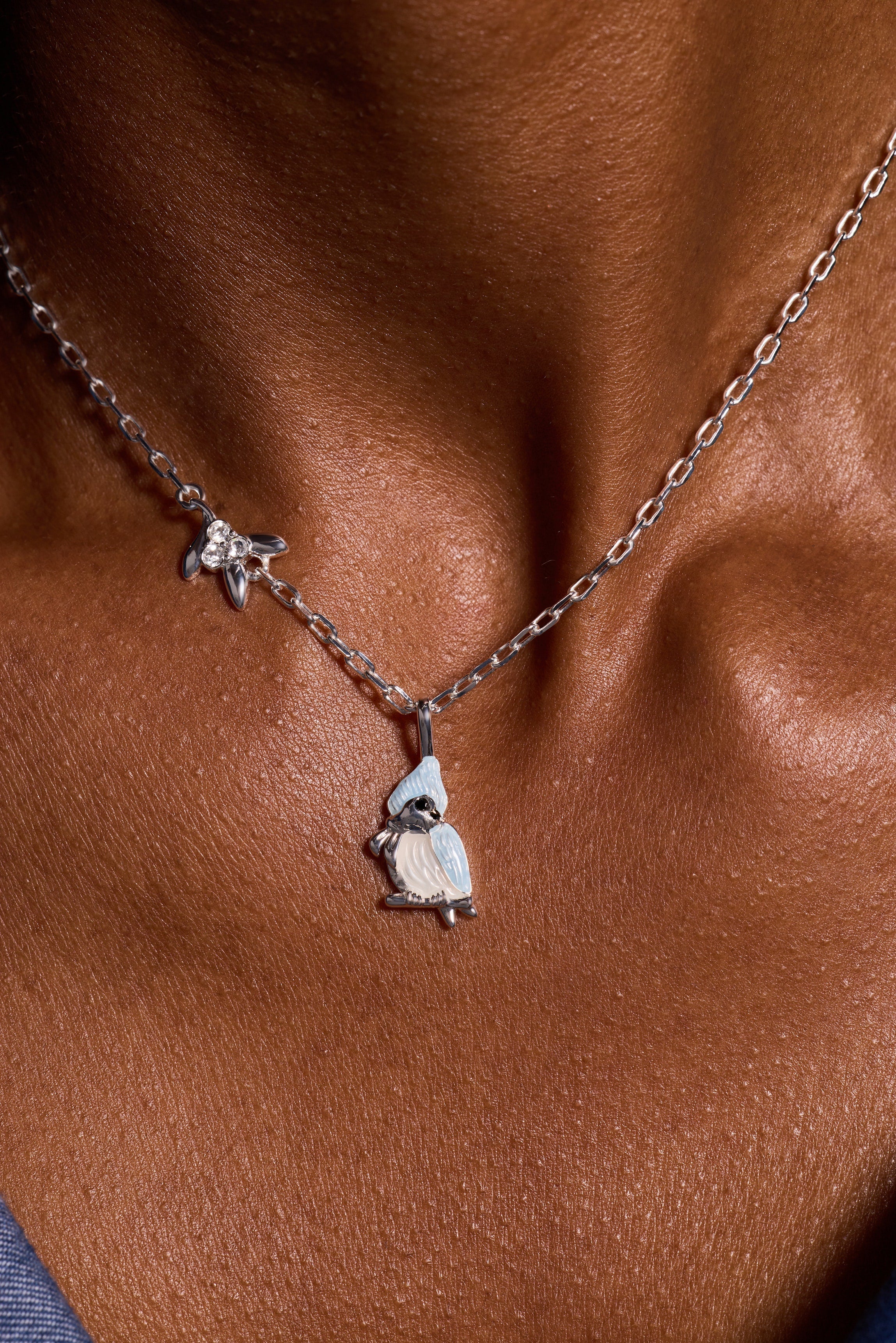 Silver Tufted Titmouse bird pendant necklace by ALEX AND ANI, featuring detailed bird design on a chain.