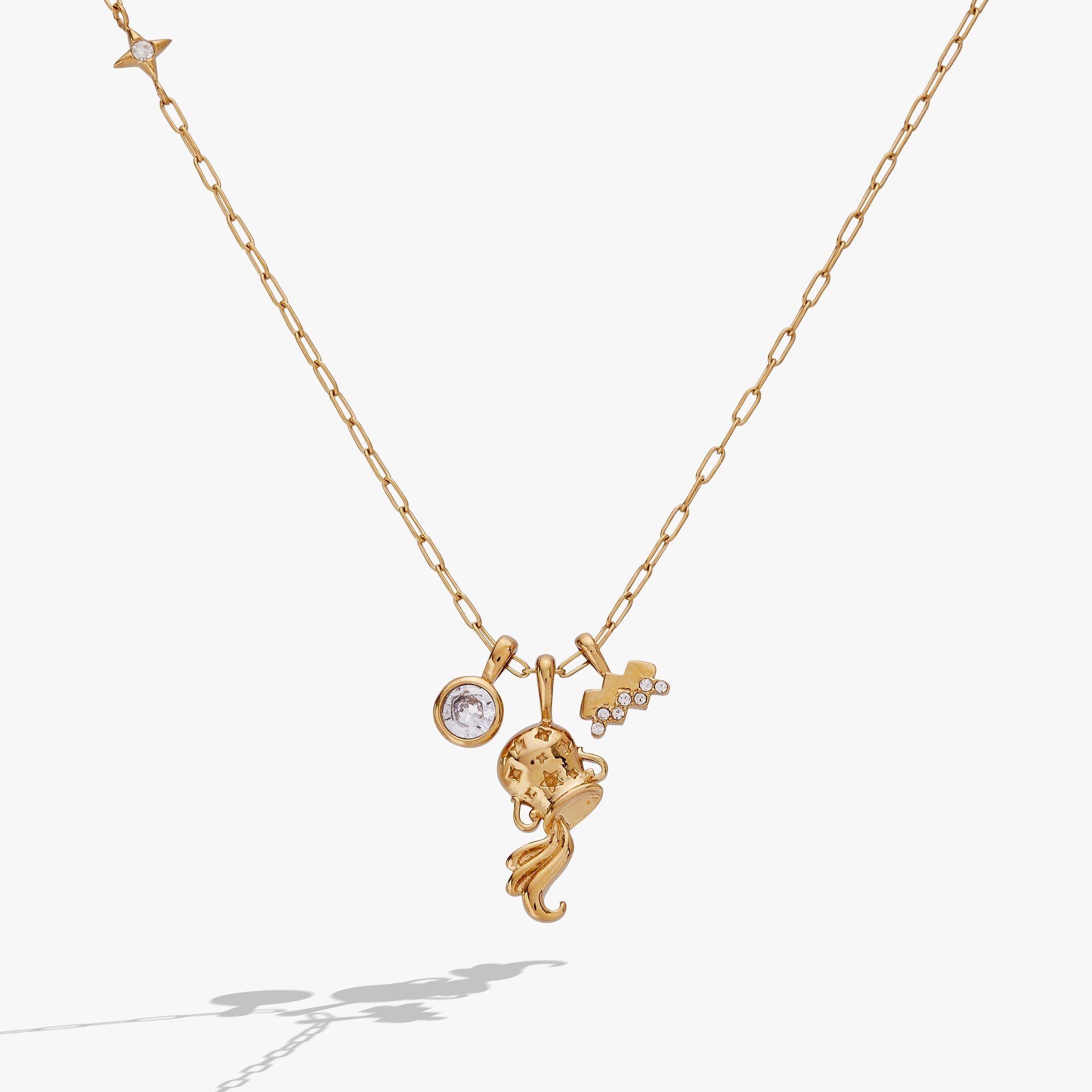 Gold stainless steel Aquarius Zodiac Charm Cluster Necklace by ALEX AND ANI, featuring a detailed Aquarius pendant on a chain.