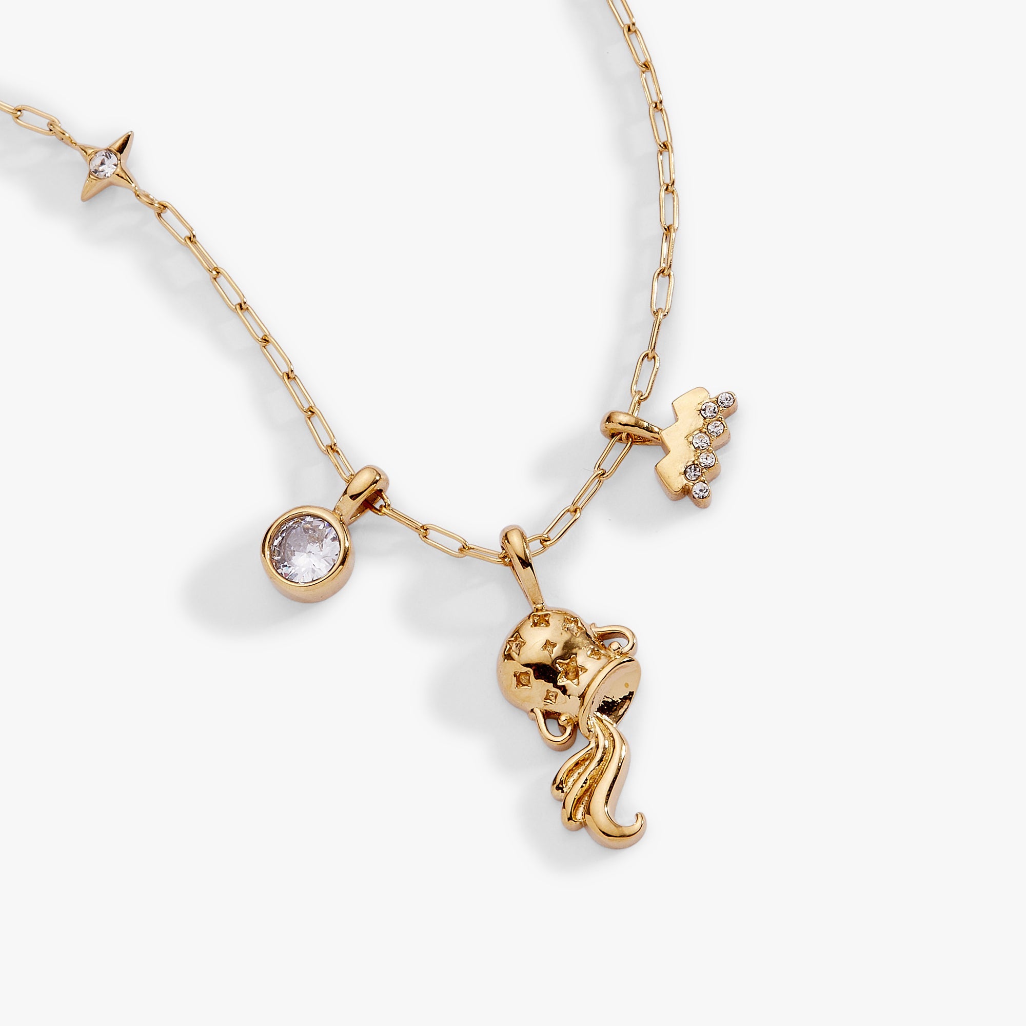 Gold stainless steel Aquarius zodiac charm cluster necklace by ALEX AND ANI, featuring celestial symbols and intricate design.
