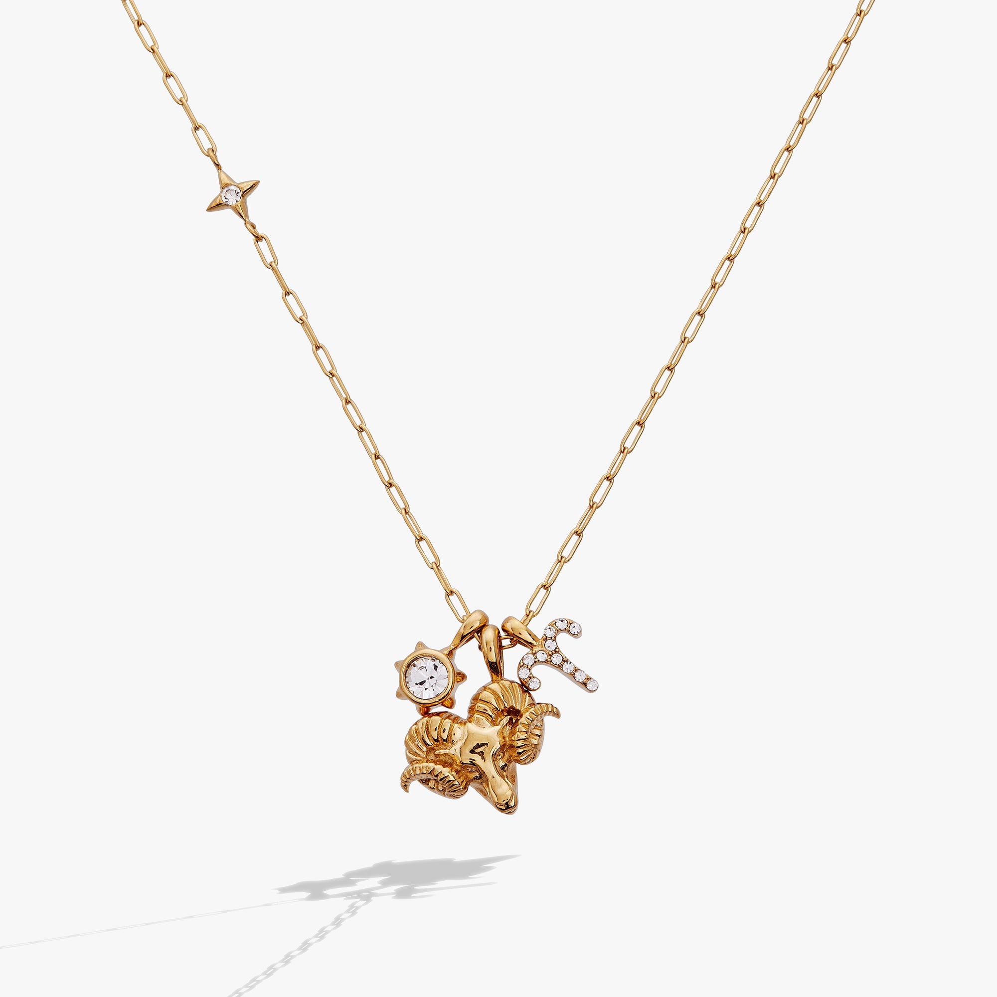 Gold Aries Zodiac Charm Cluster Necklace by ALEX AND ANI featuring stainless steel chain and zodiac pendant.