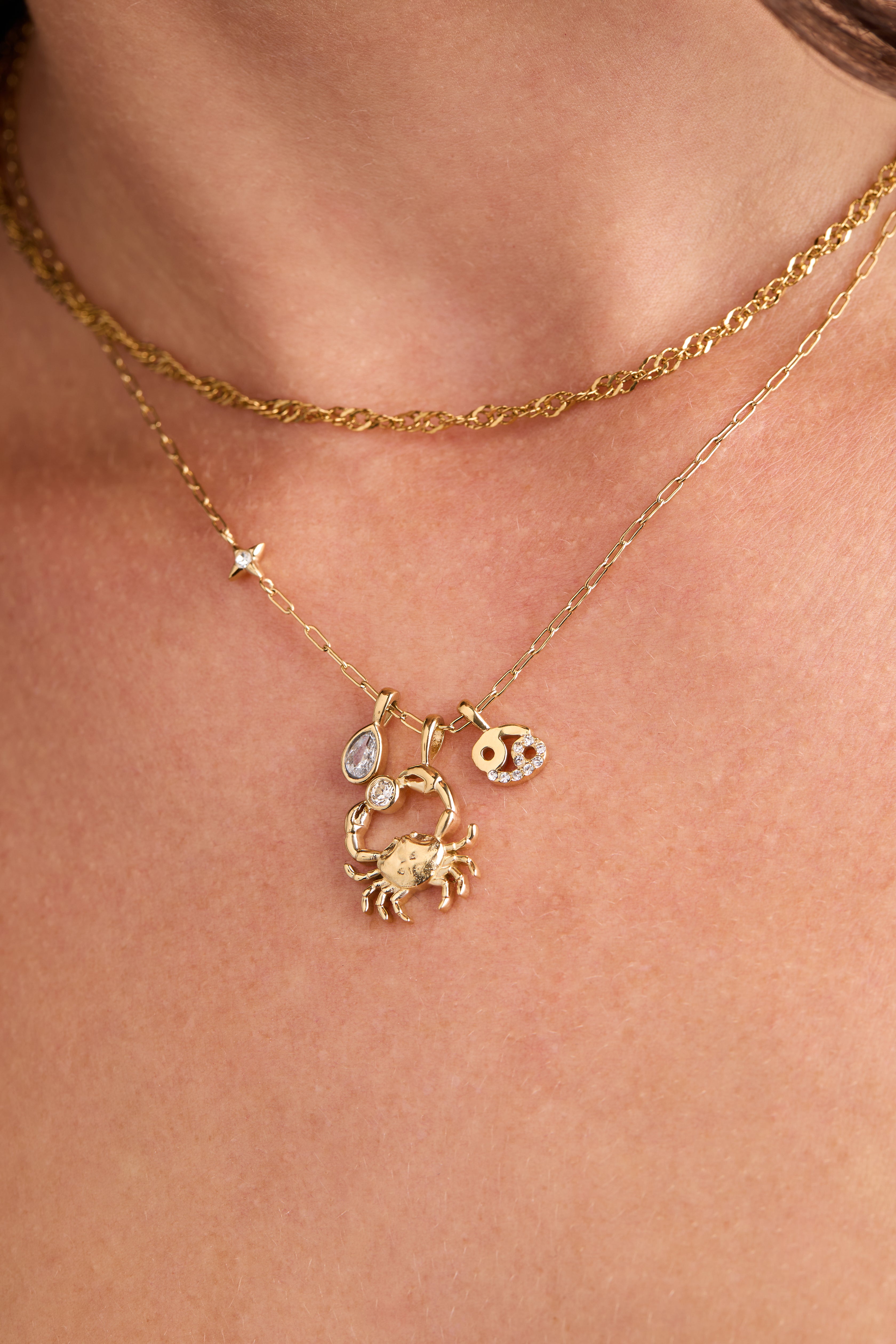 Gold stainless steel Cancer Zodiac Charm Cluster Necklace by ALEX AND ANI featuring a detailed Cancer zodiac pendant.