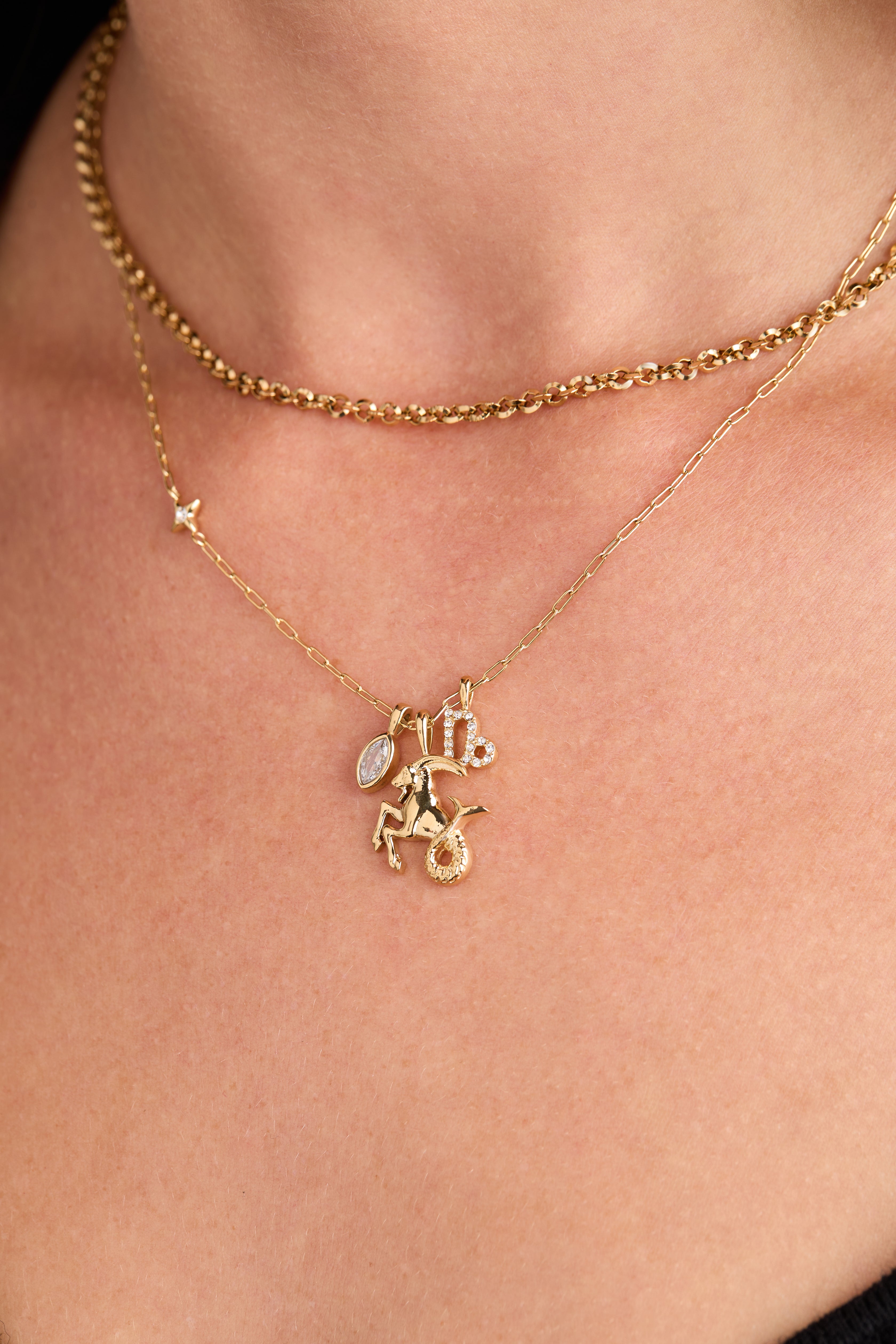 Gold Capricorn Zodiac Charm Cluster Necklace by ALEX AND ANI featuring stainless steel chain and zodiac-inspired charms.