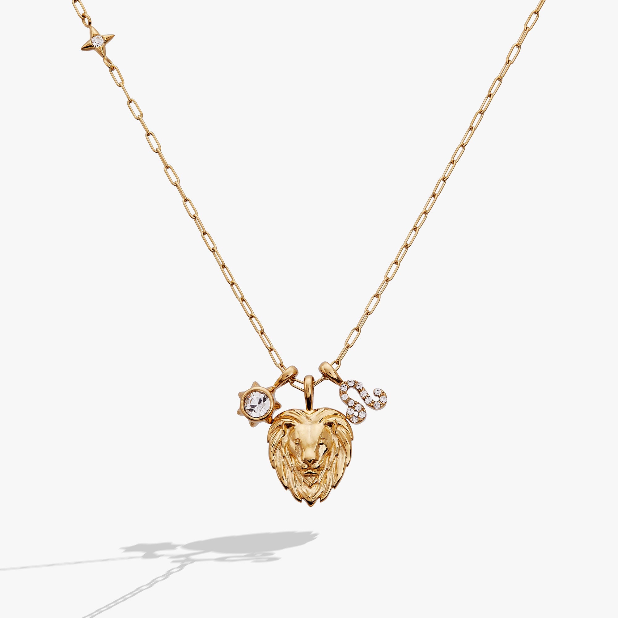 Gold Leo Zodiac Charm Cluster Necklace by ALEX AND ANI featuring stainless steel chain and celestial zodiac charm.