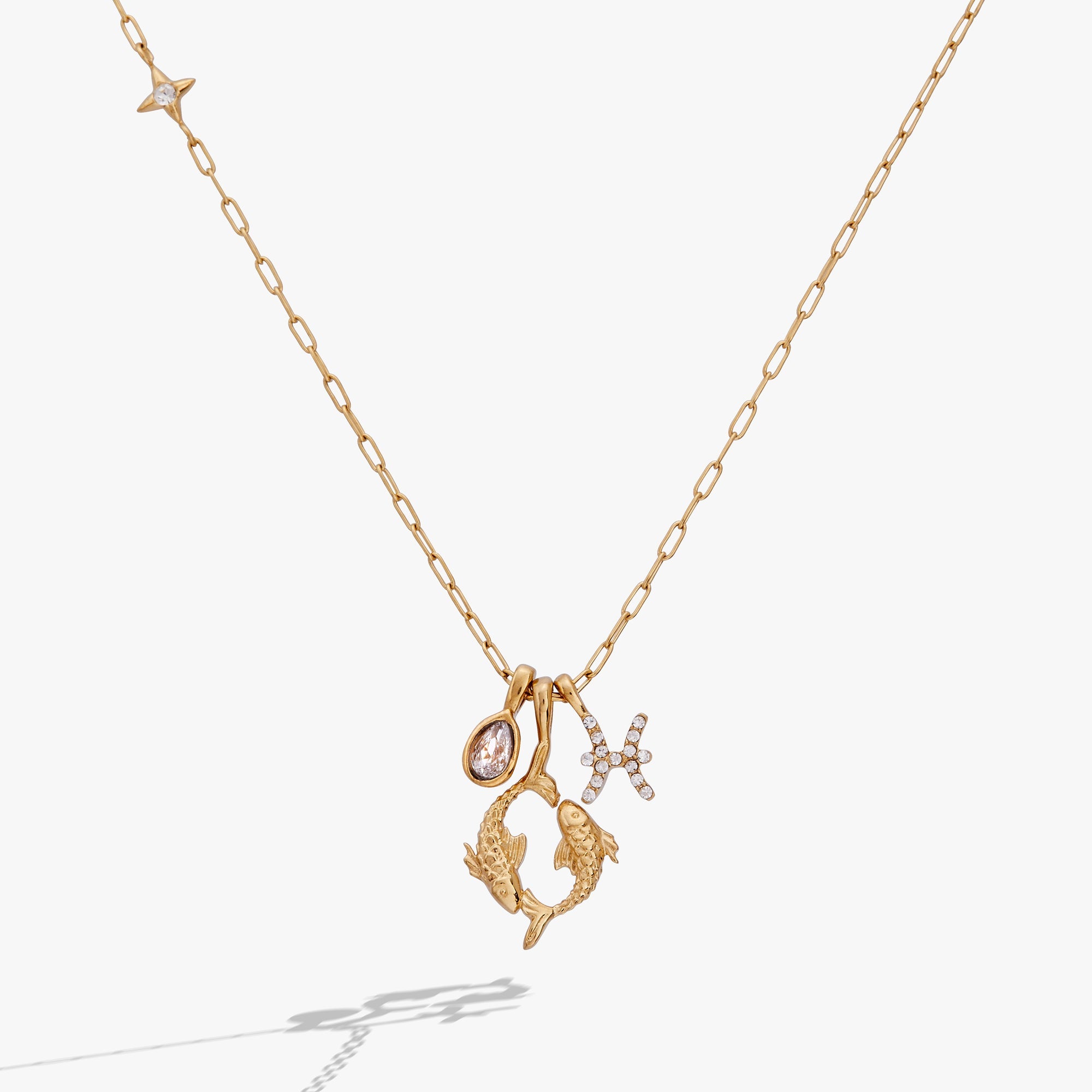 Gold stainless steel Pisces Zodiac charm cluster necklace by ALEX AND ANI featuring a detailed Pisces pendant.