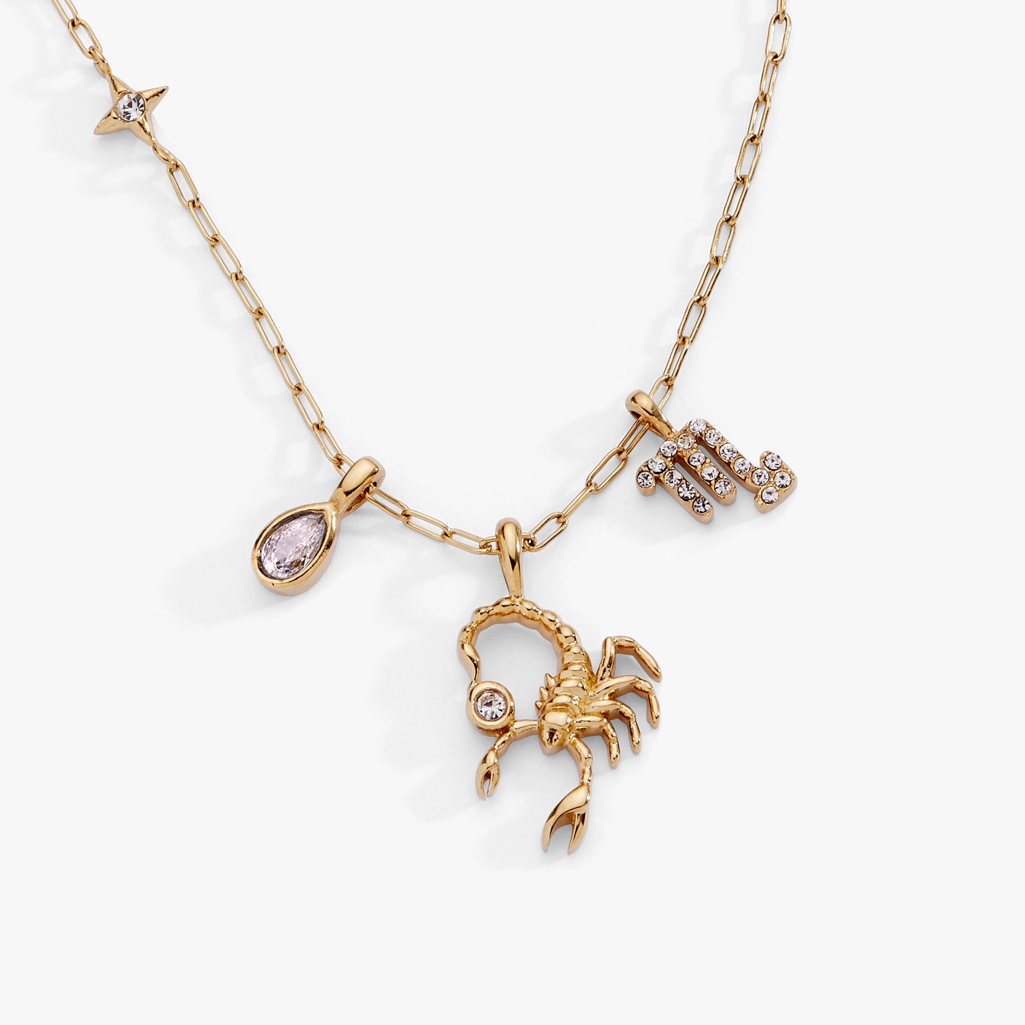 Gold Scorpio Zodiac Charm Cluster Necklace by ALEX AND ANI featuring stainless steel chain and zodiac-themed pendant.