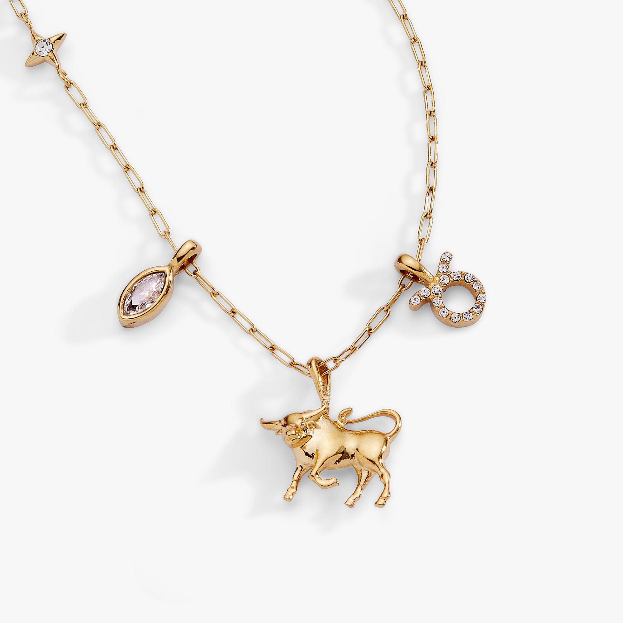 Gold Taurus zodiac charm cluster necklace by ALEX AND ANI featuring stainless steel design and zodiac symbol pendant.