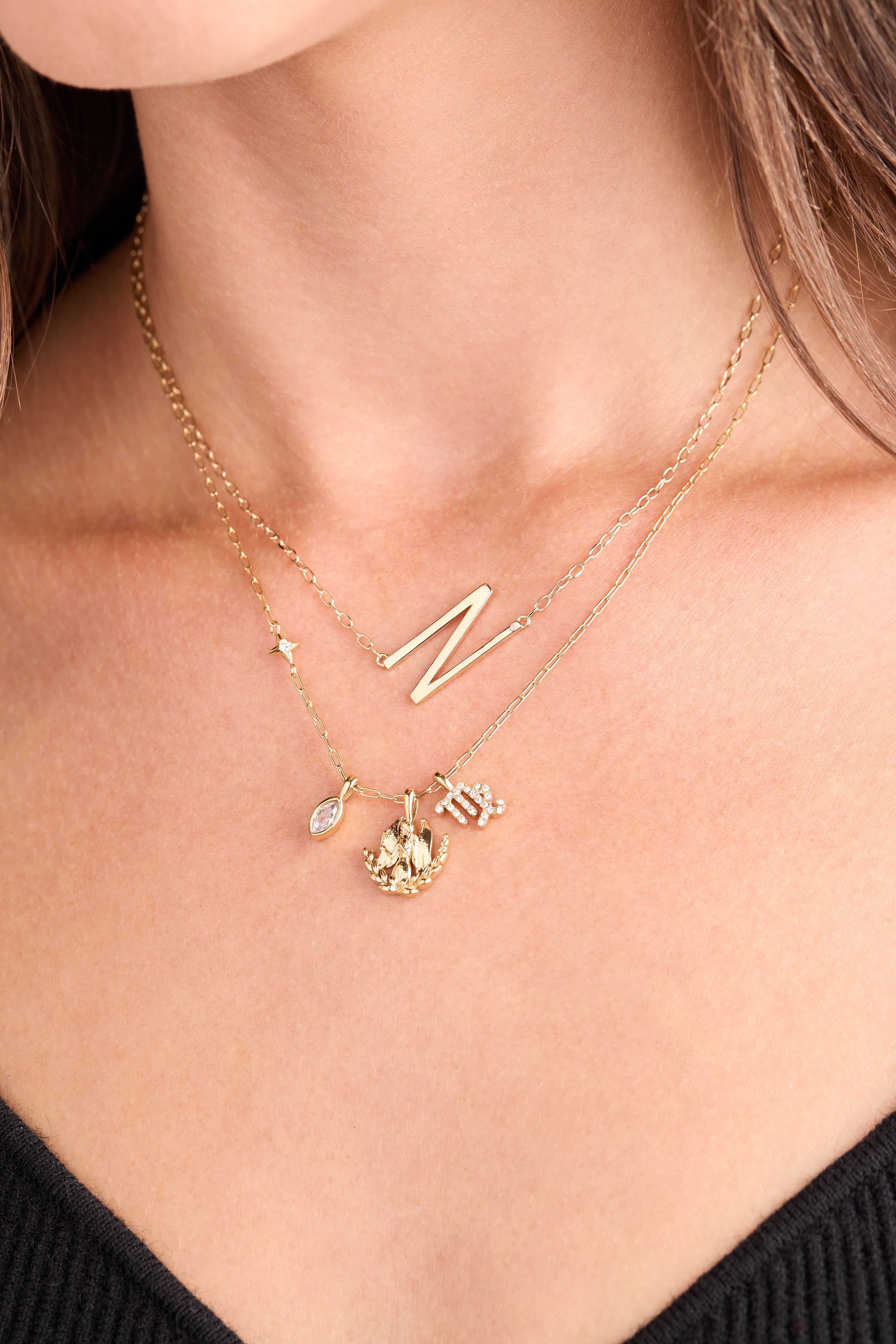 Gold stainless steel Virgo Zodiac Charm Cluster Necklace by ALEX AND ANI featuring zodiac symbols and elegant chain design.