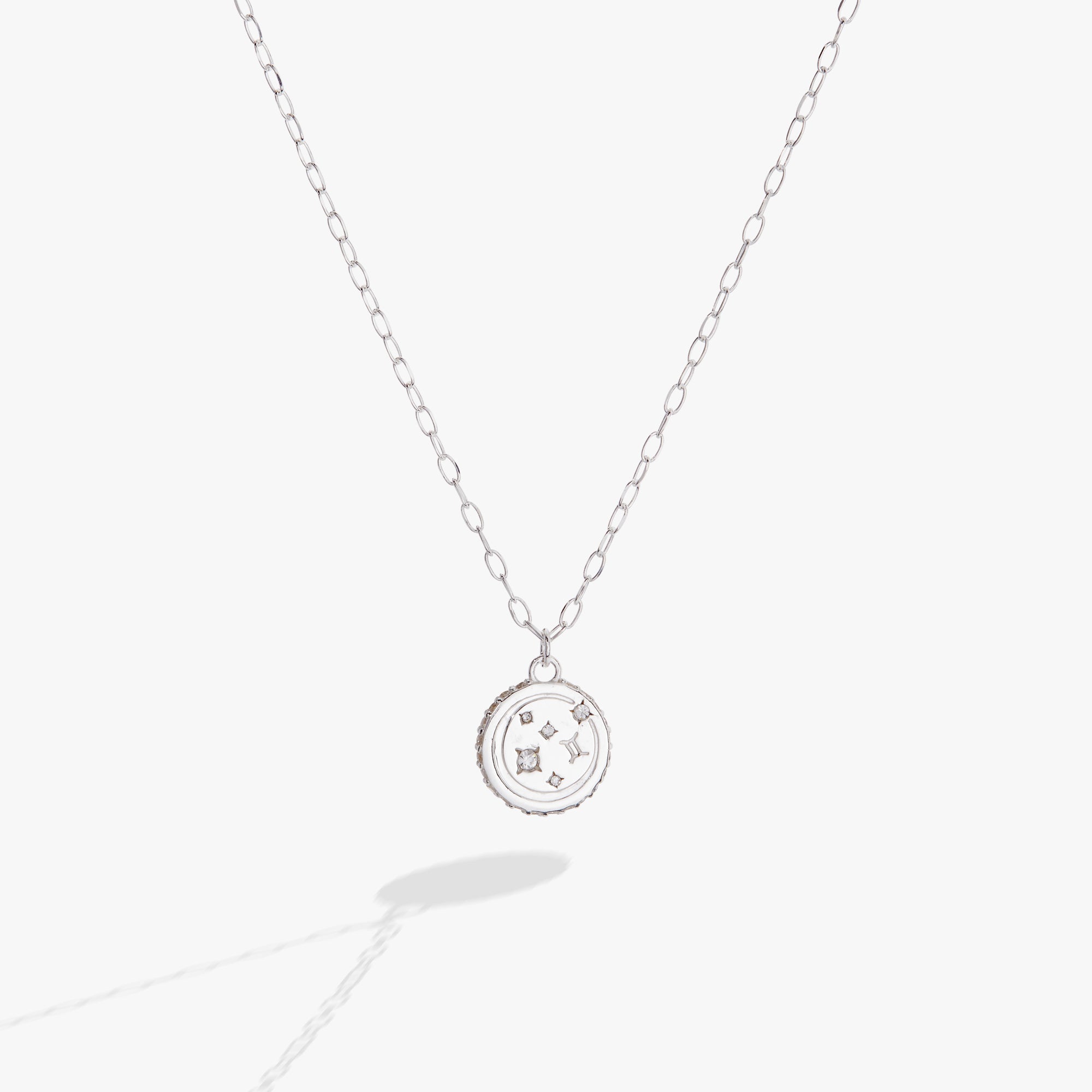 Sterling silver Gemini Zodiac necklace by ALEX AND ANI featuring a detailed Gemini symbol pendant.