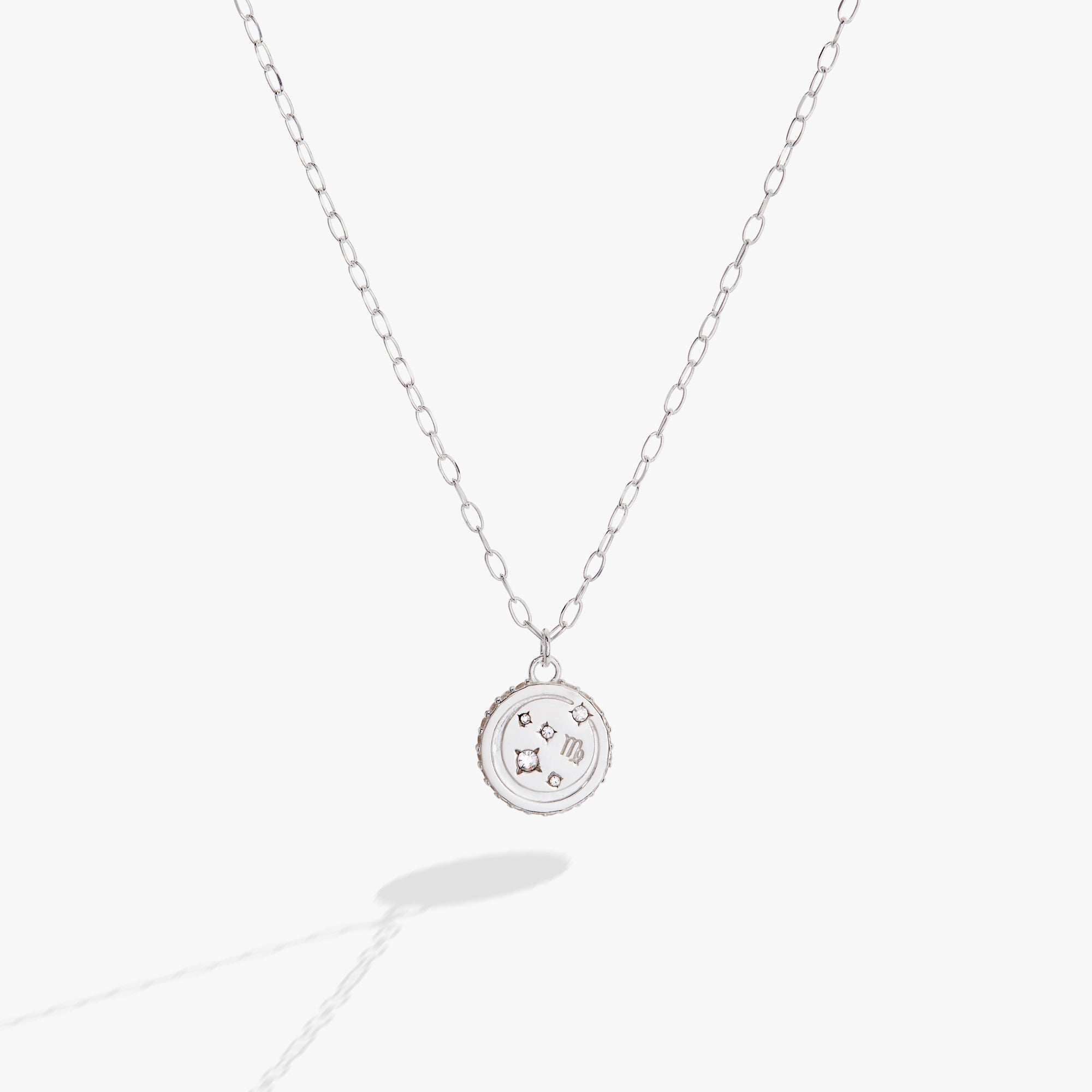 Sterling silver Virgo zodiac necklace by ALEX AND ANI featuring a pendant with Virgo symbol and celestial design.